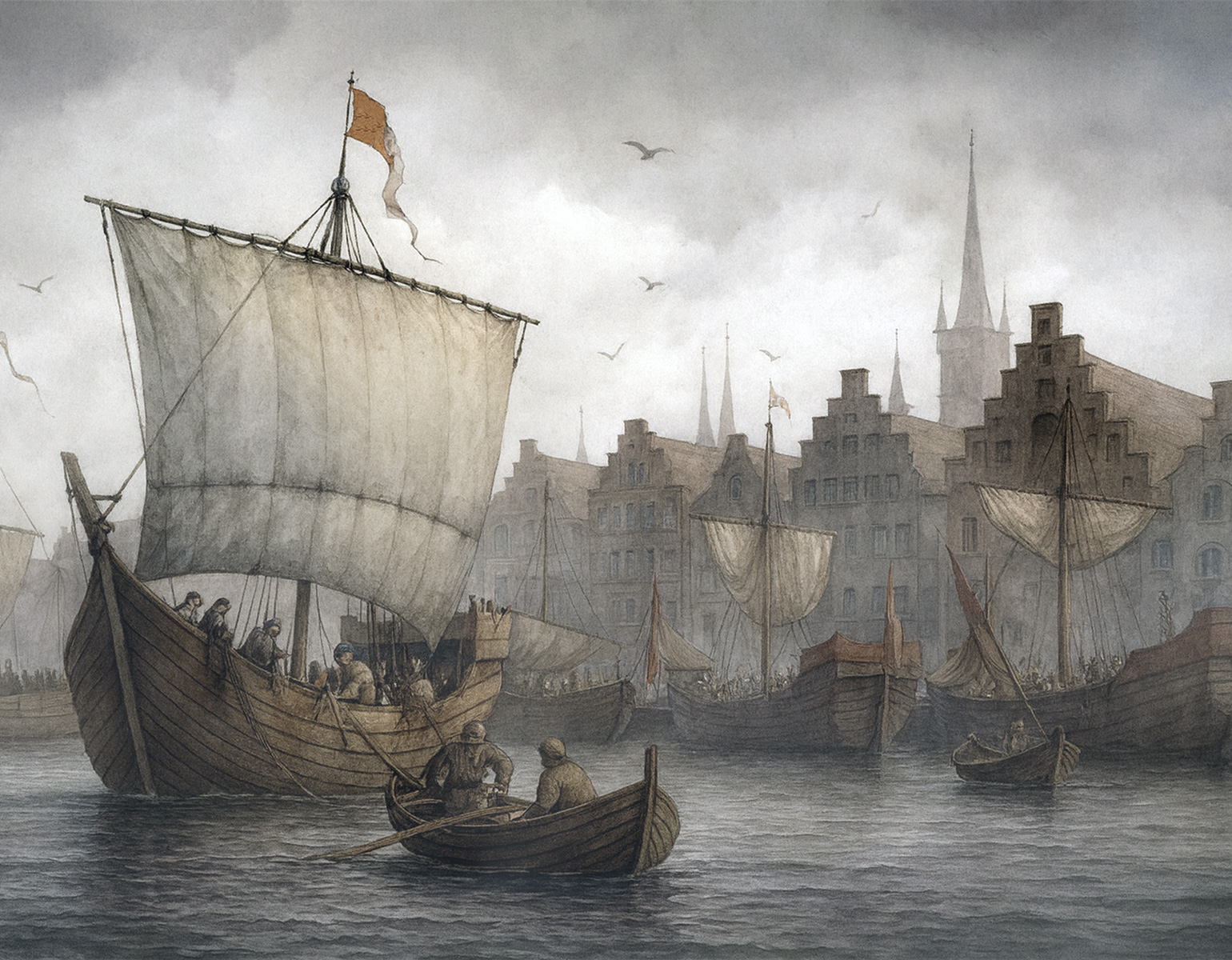 Hanseitiska fartyg i en hamnstad vid Östersjön under medeltiden.