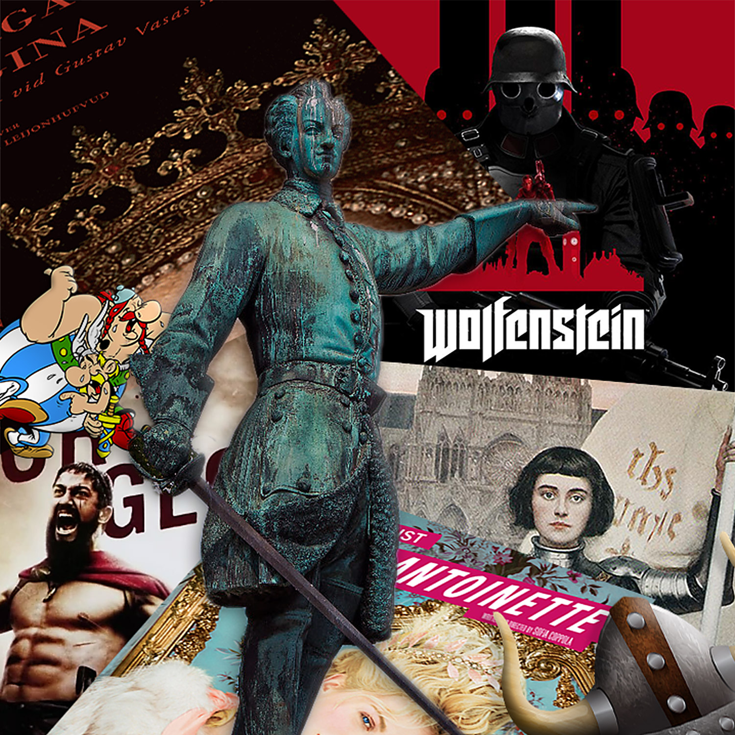 En bild som består av ett collage med historiska personer - verkliga och fiktiva - tagna ur olika sammanhang.