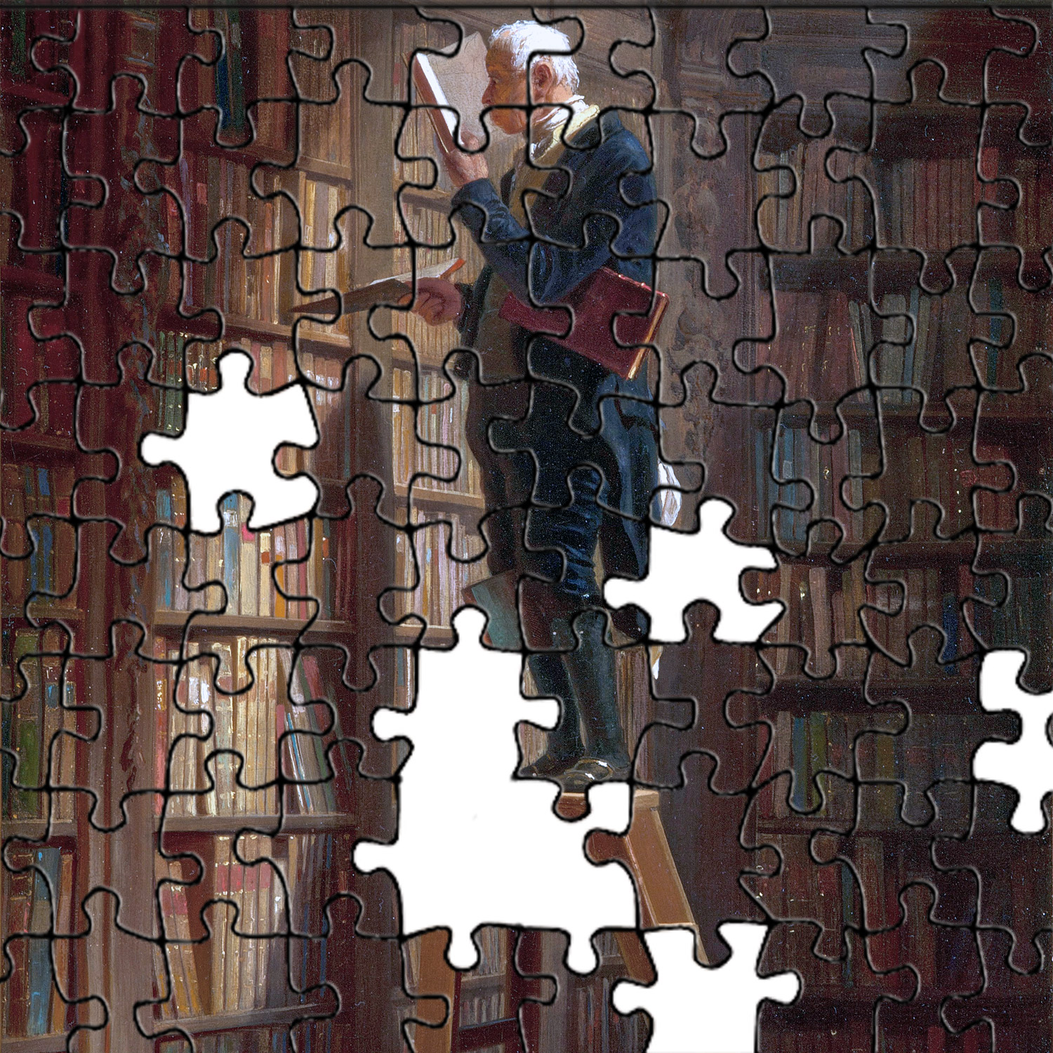 En man som står på en bibliotektsstege och läser, omgiven av fulla bokhyllor.