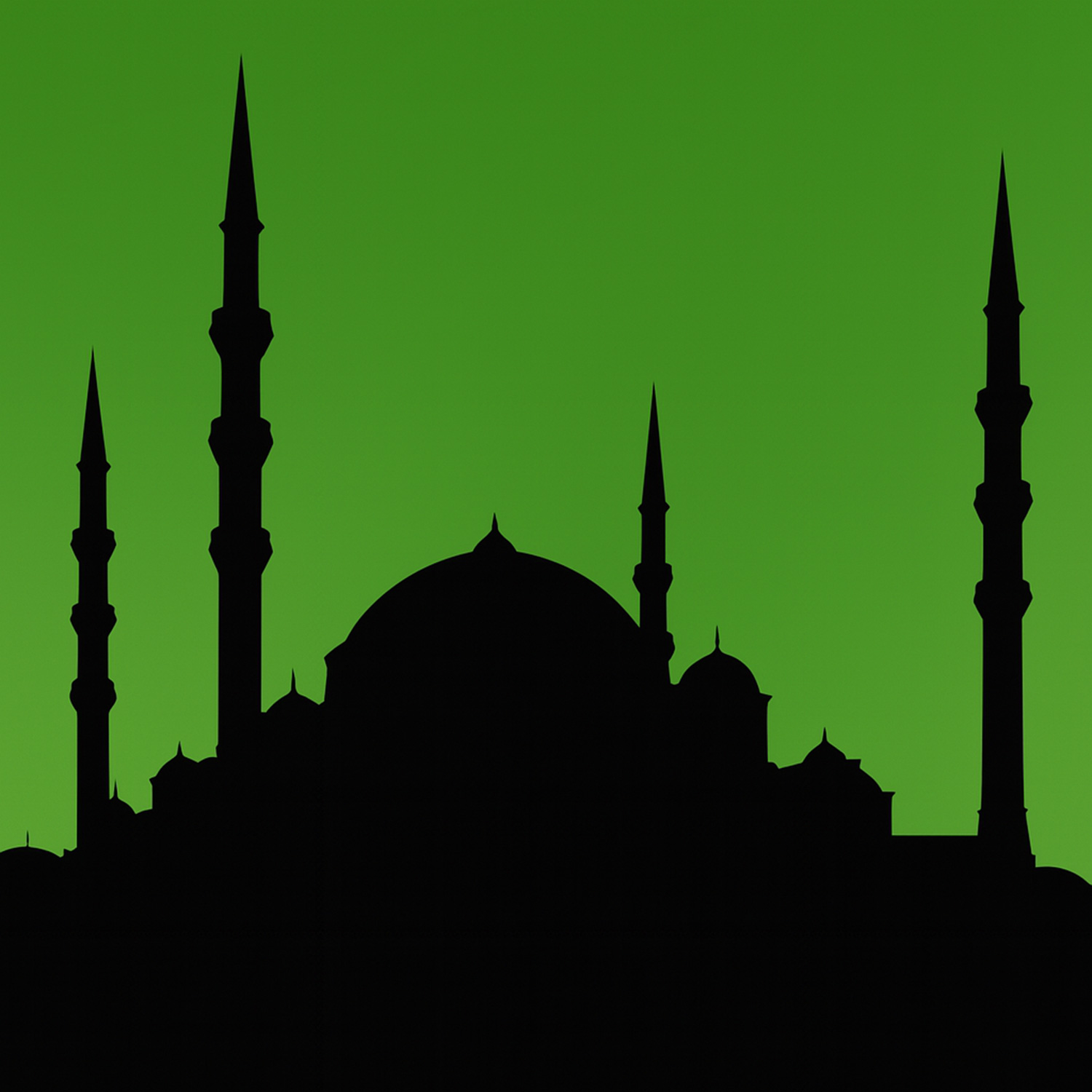 Svart siluett av en moské med grön bakgrund.
