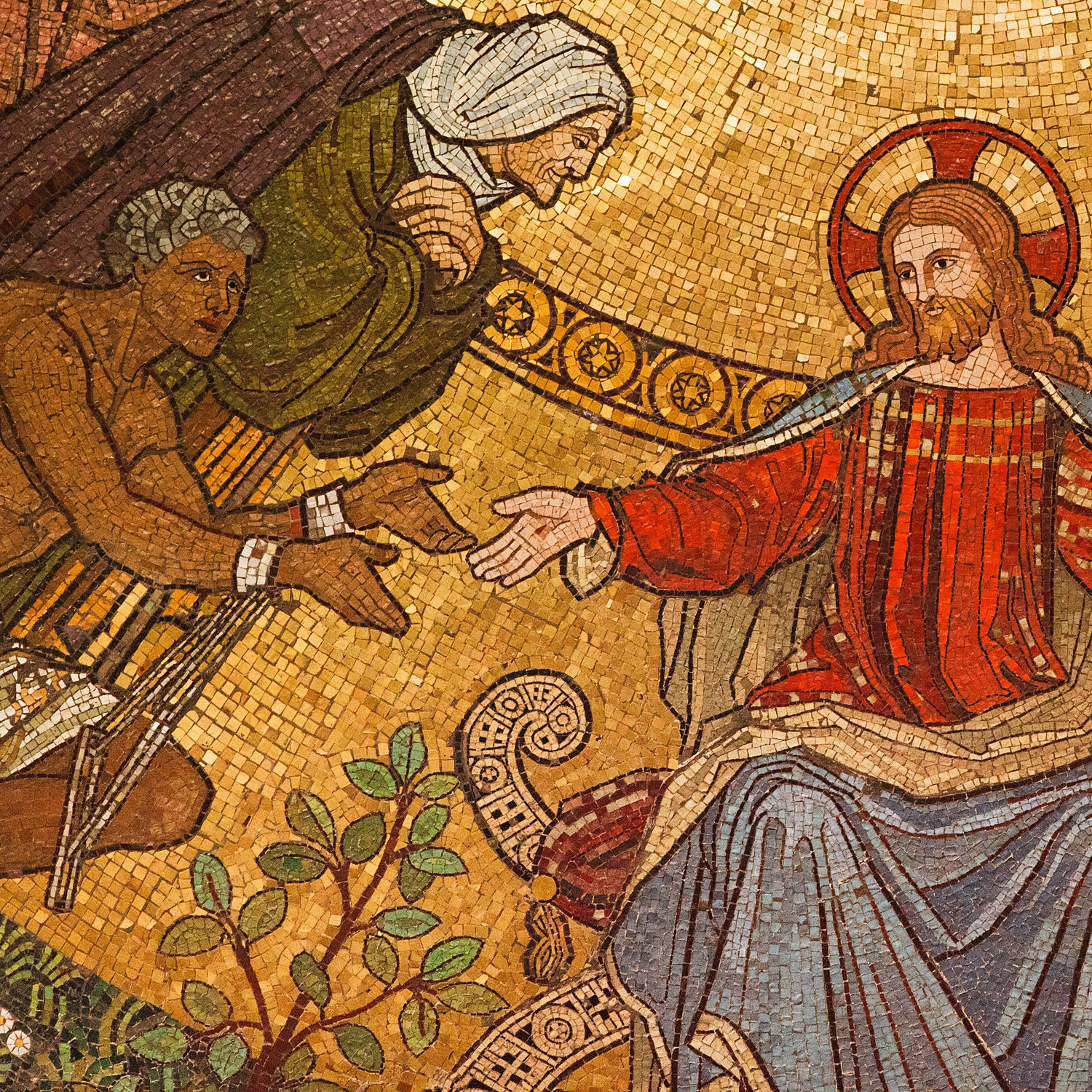 Jesus sträcker ut sina händer till fattiga och behövande. Mosaik.
