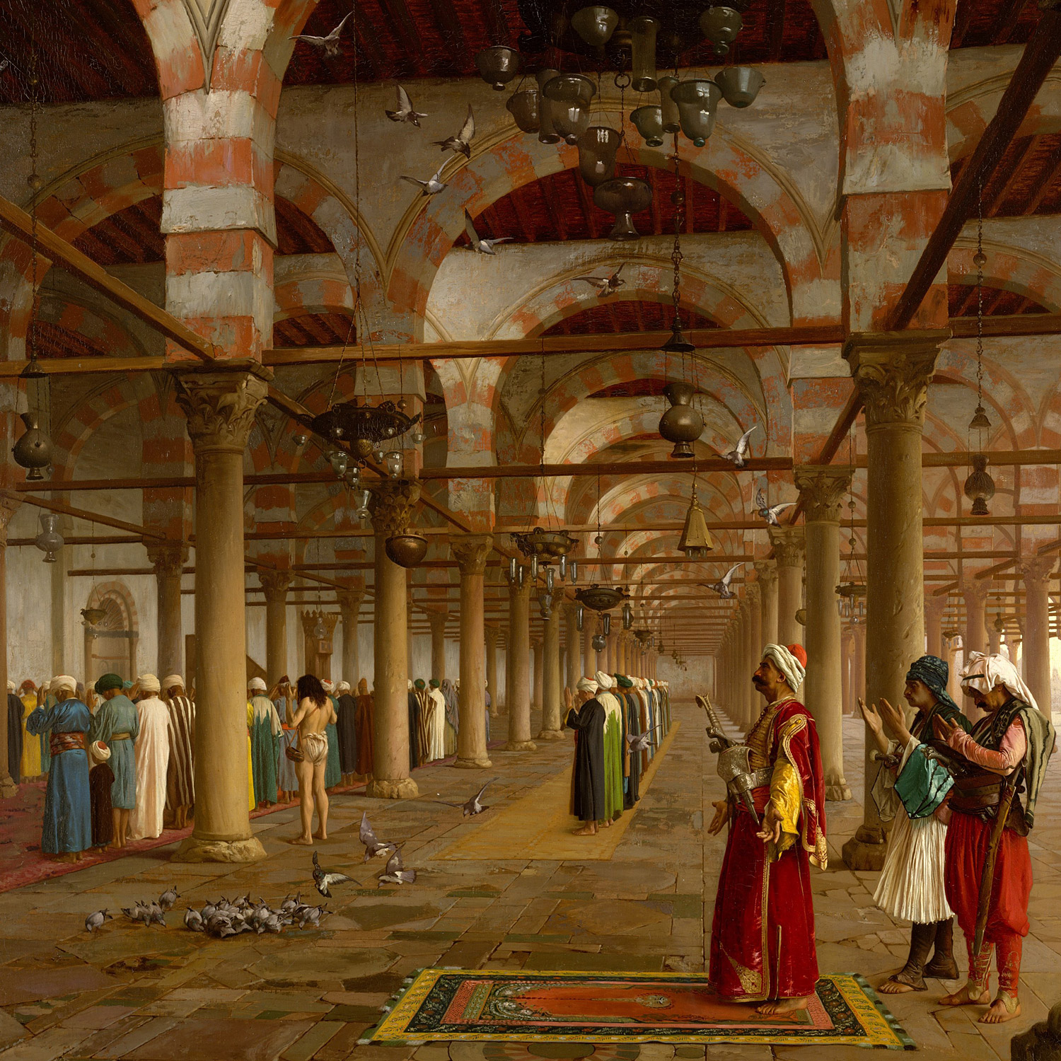 Muslimer på medeltiden som utför bön i en moské.