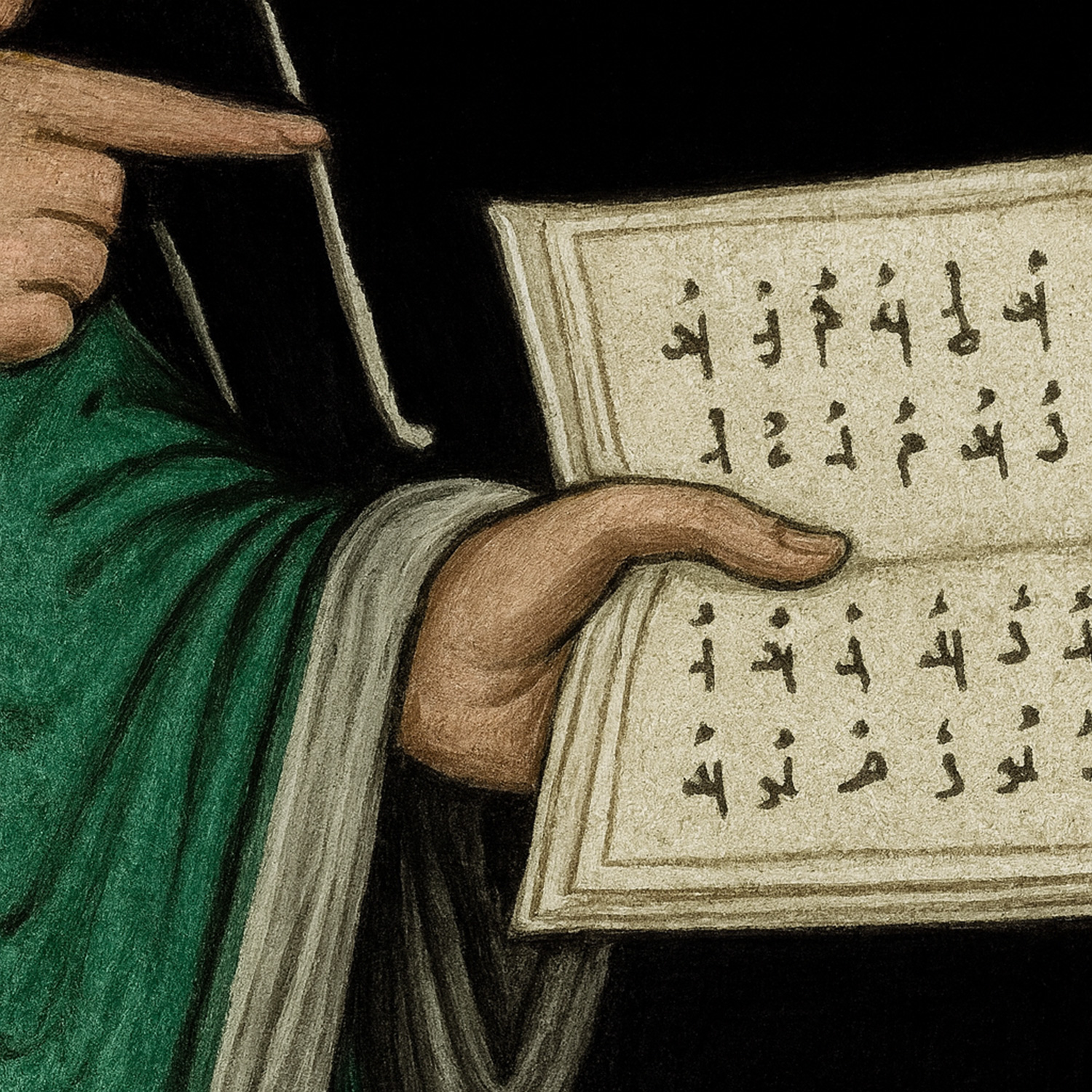 Hand som pekar mot en uppslagen koran.