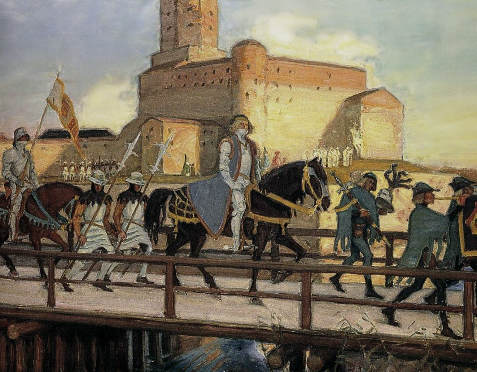 Målning som föreställer Viborgs slott på medeltiden. Några riddare syns i förgrunden.