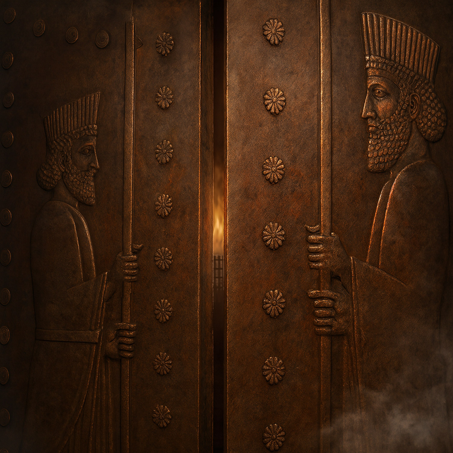 Portar som står på glänt i ett persiskt tempel.