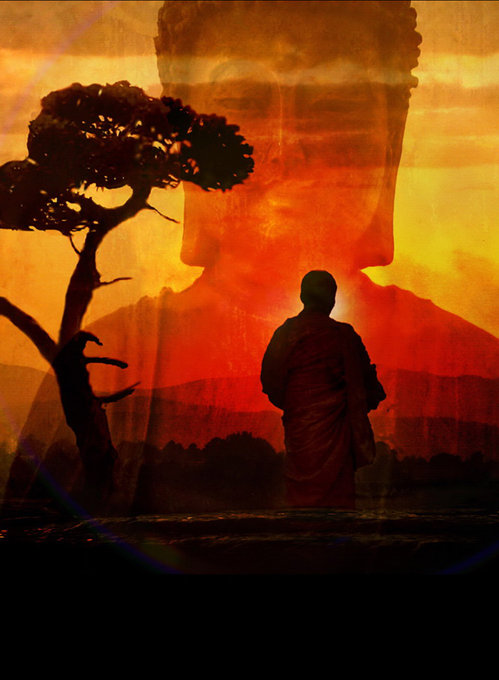 Buddha vandrar på en slätt med ett boddhiträd.