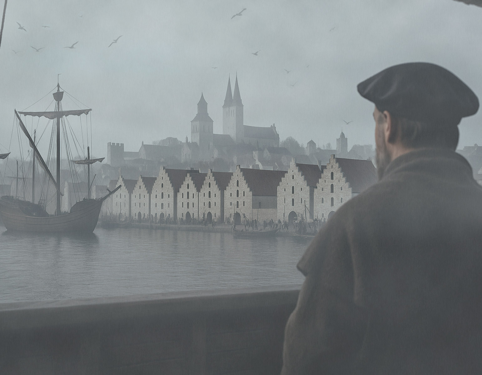En köpman står på sitt fartyg och blickar ut över Visbys hamn. Det är medeltid och det verkar vara tidigt på morgonen. 