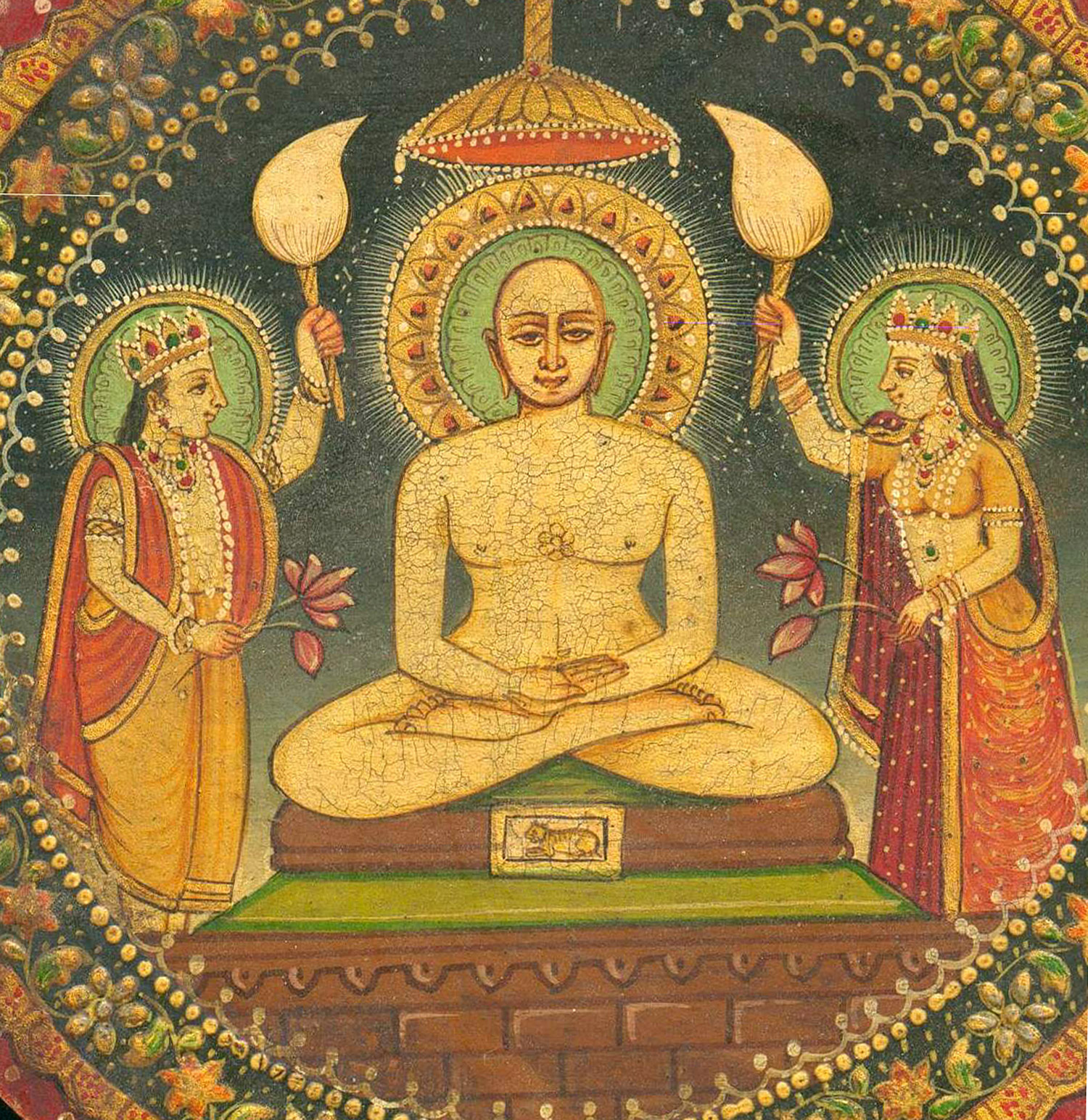 Målning som föreställer en naken man med gloria sittandes i lotusställning.