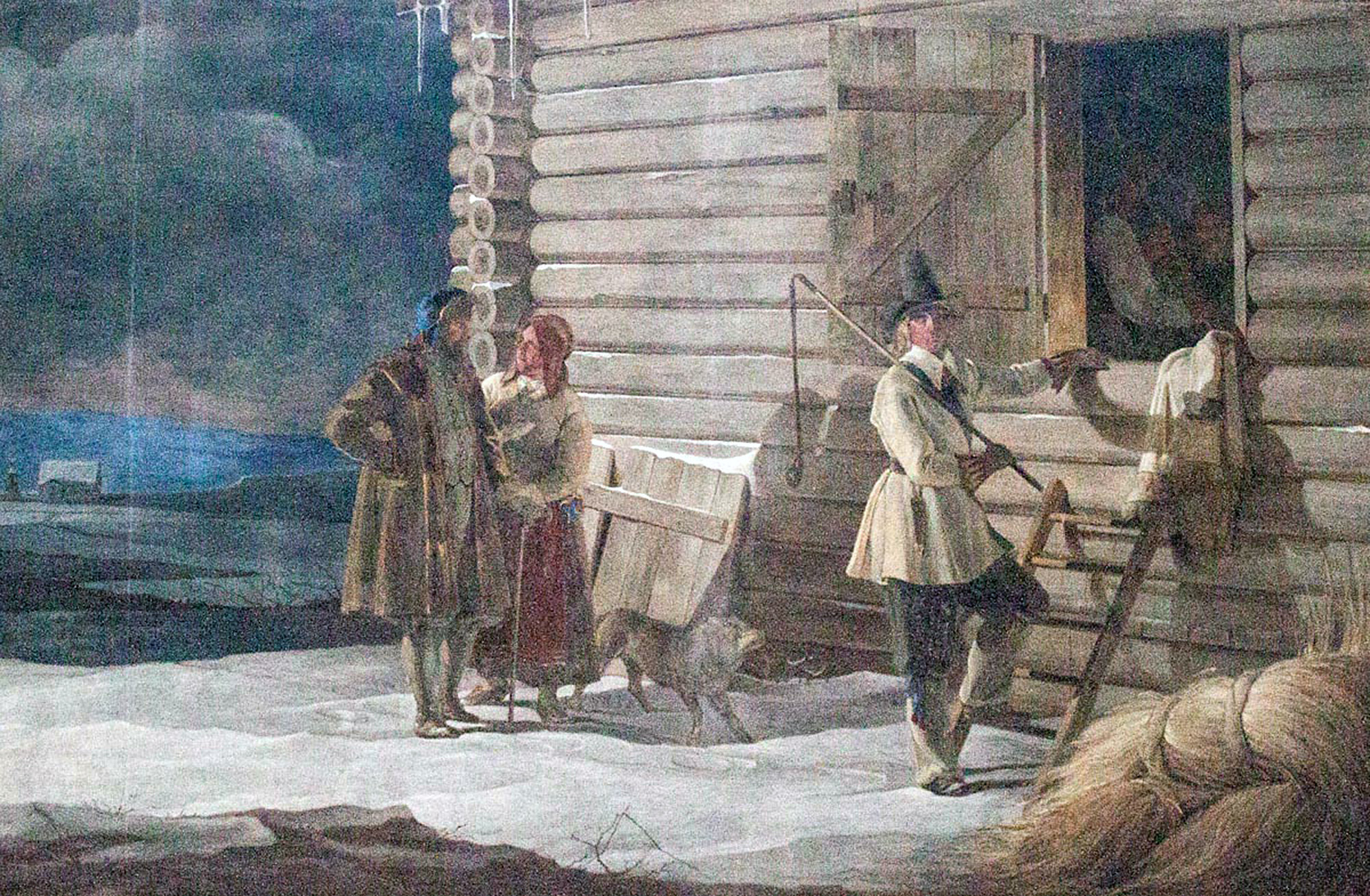 Gustav Vasa utanför en loge. Det är natt och vinter,