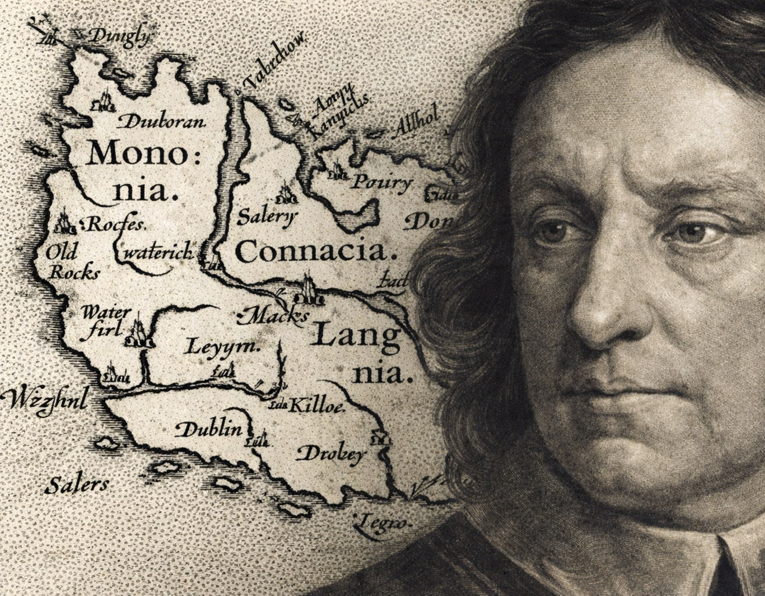 Porträtt av Cromwell med irland på en karta i bakgrunden.