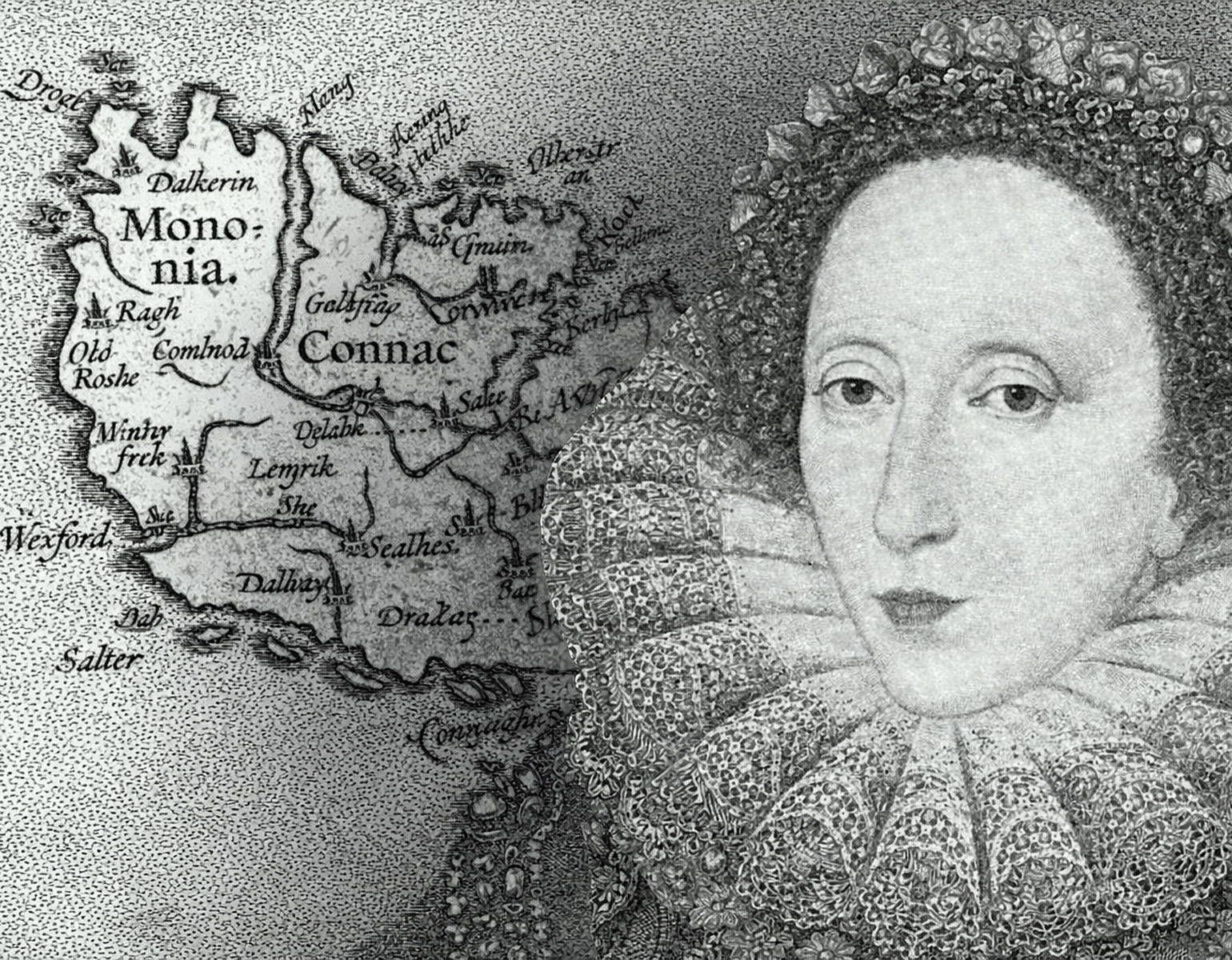 Drottning Elisabet I med Irland på en karta i bakgrunden.