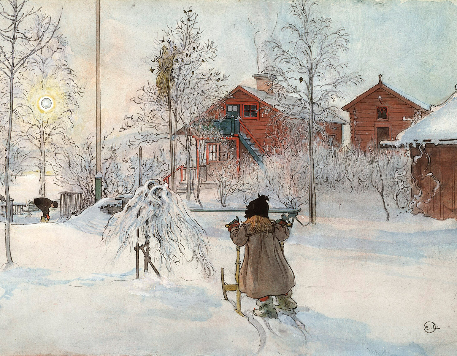 Liten flicka som åker på en spark i snön.