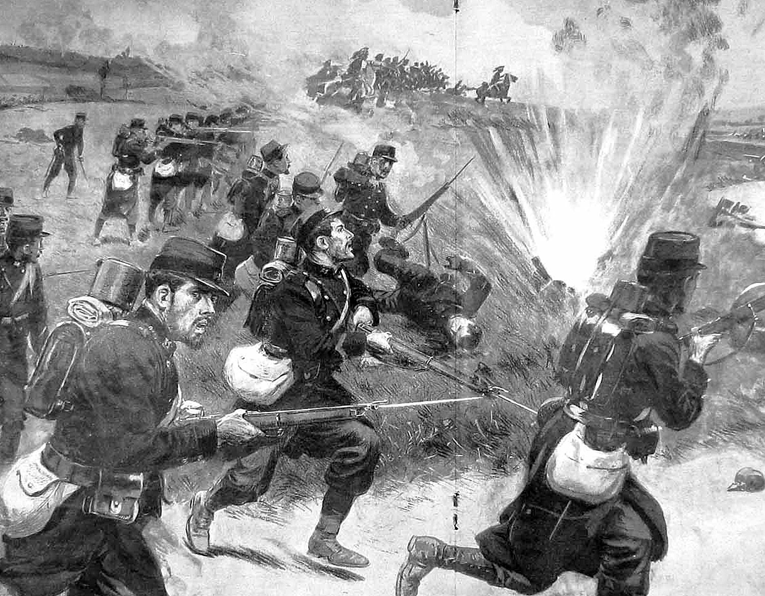 Franska soldater rycker fram på ett slagfält under beskjutning.