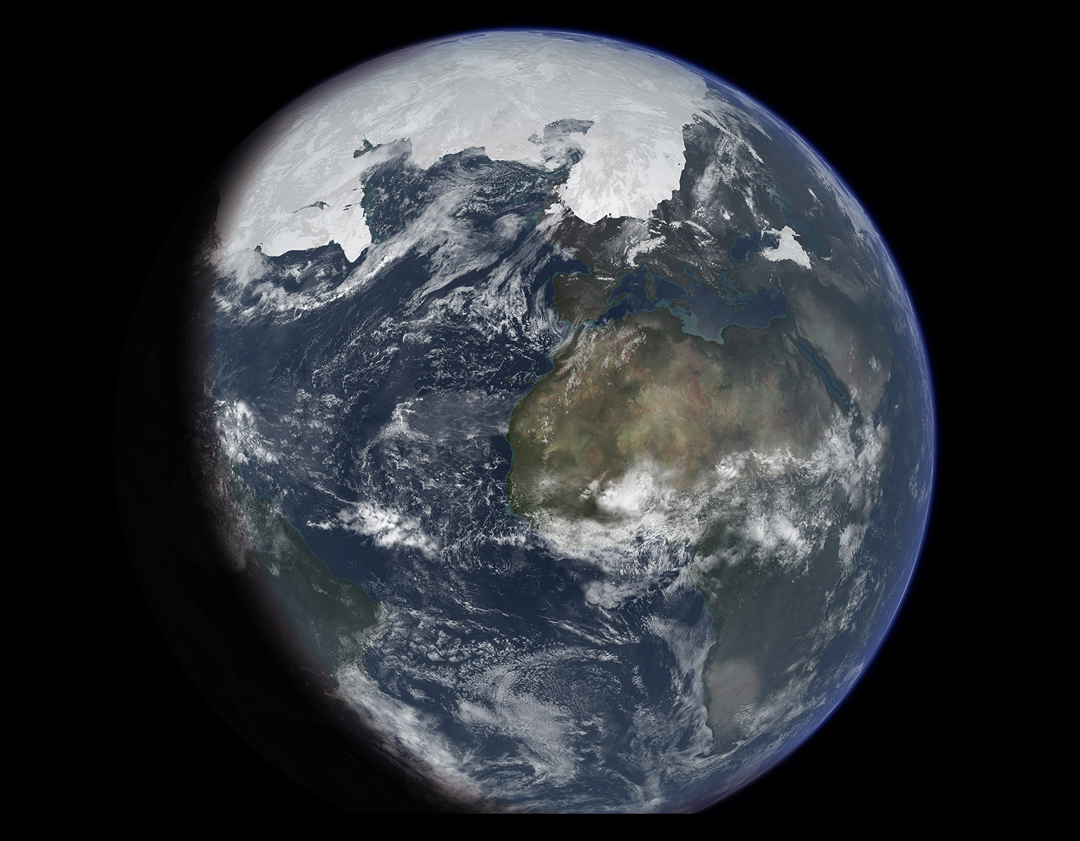 Satellitfoto -omgjort - som visar jorden från rymden men där det är istid på norra halvklotet.