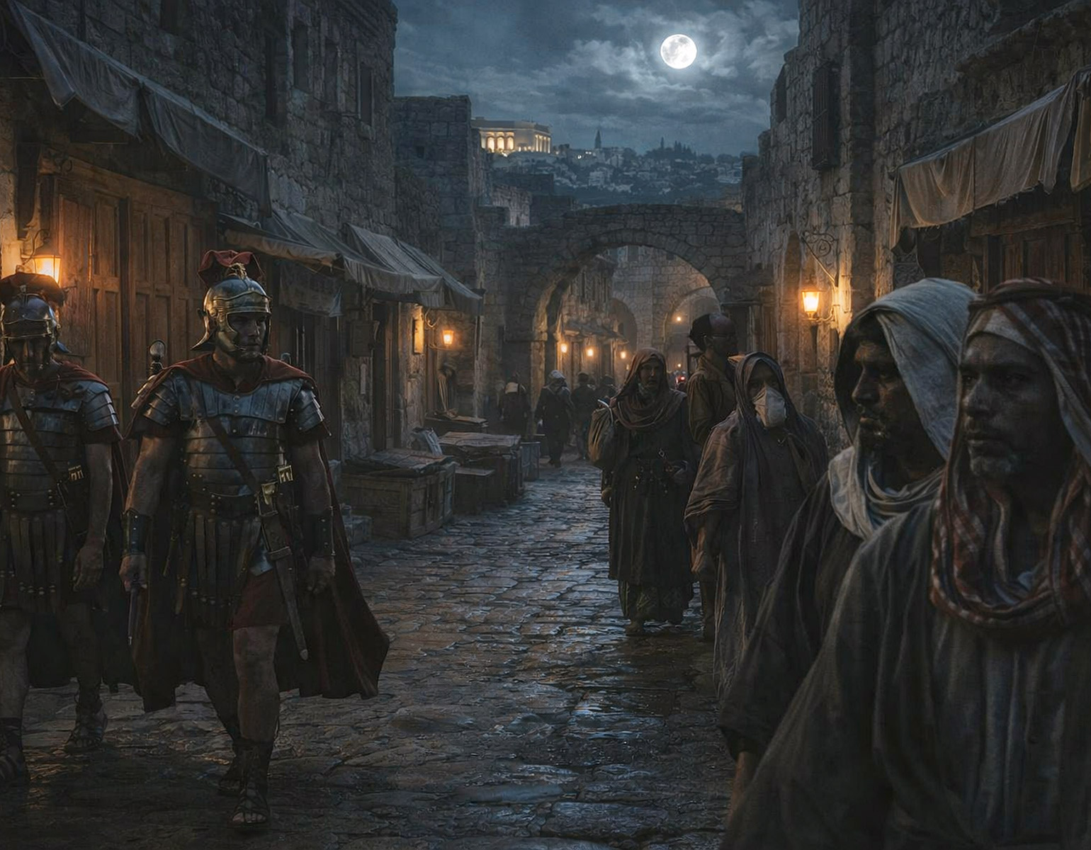 Folkmyller på en gata i Jerusalem på Jesus tid. Det är kväll och romerska soldater patrulerar.