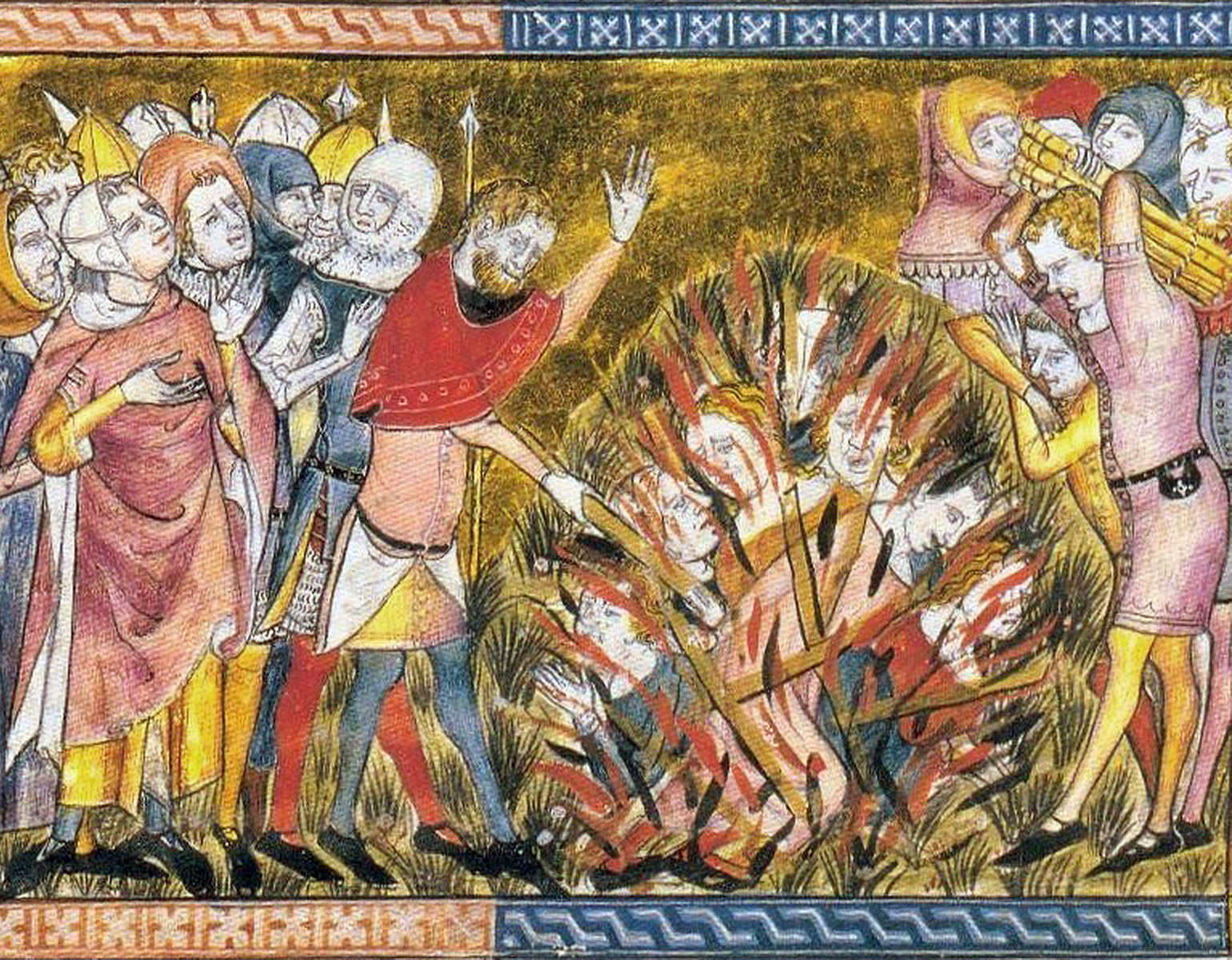 Judar som bränns på bål inför publik av stadsbor.