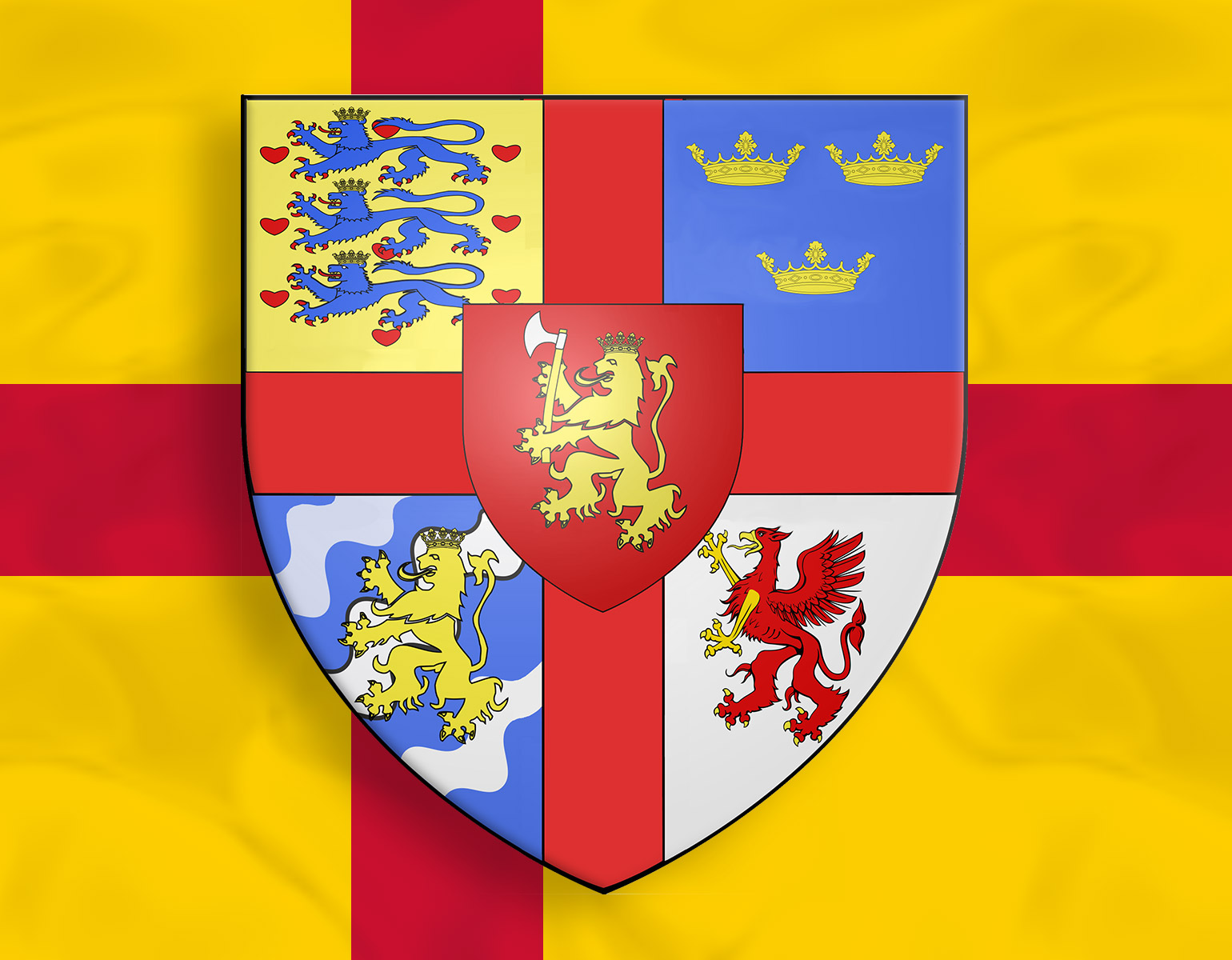 Flagga med en vapensköld ovanpå.