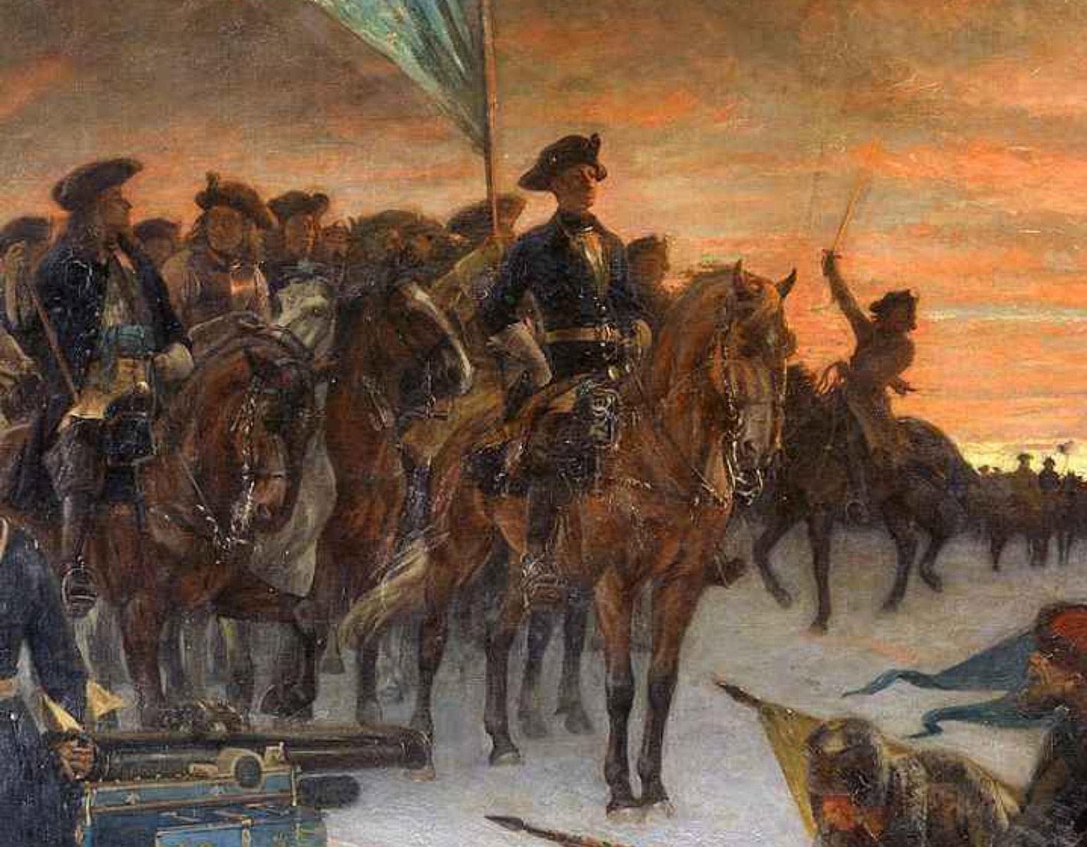 Karl XII på en häst framför sina trupper i solnedgång.