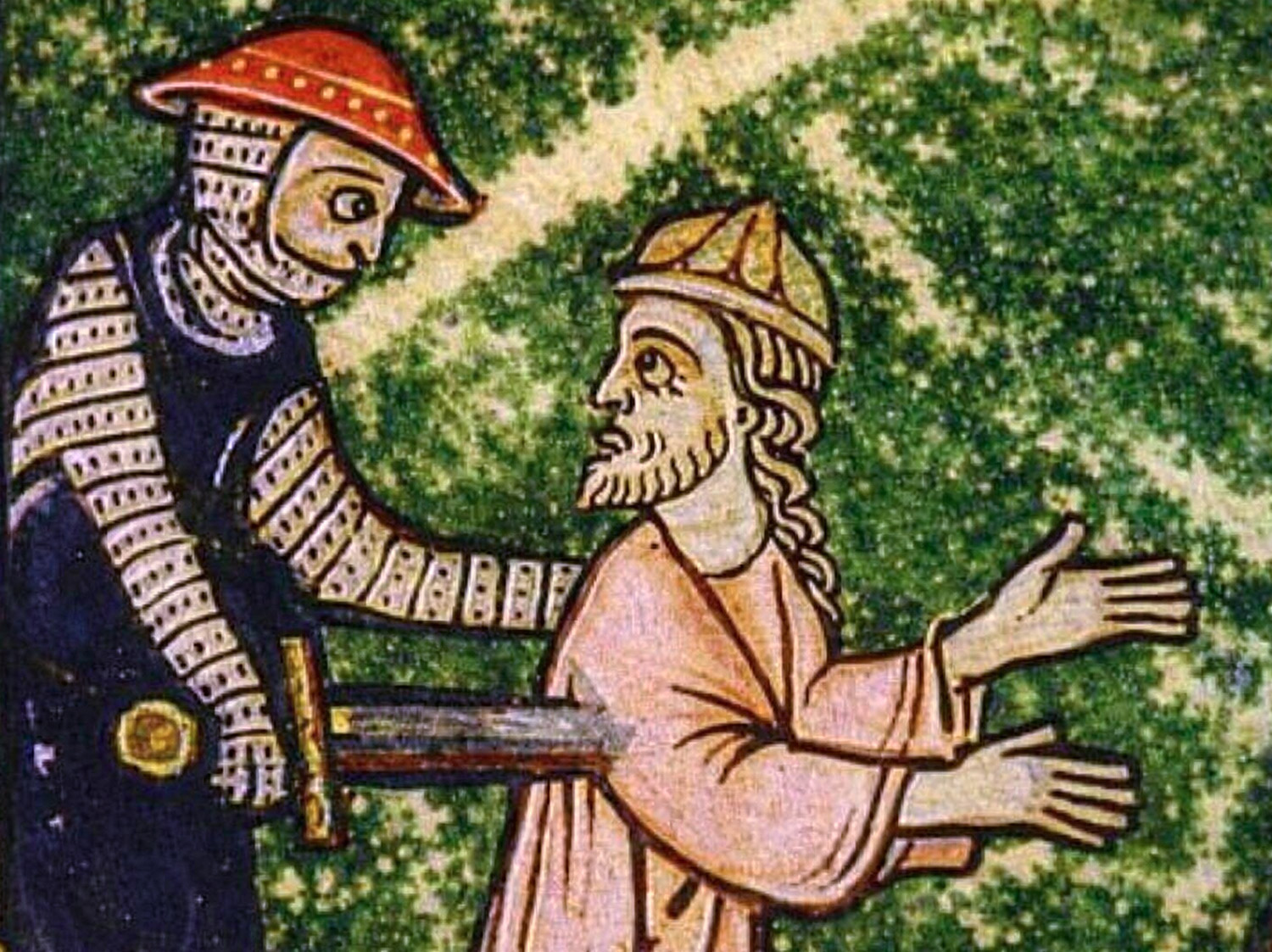 En korsfarare som genomborrar en judisk man med ett svärd.