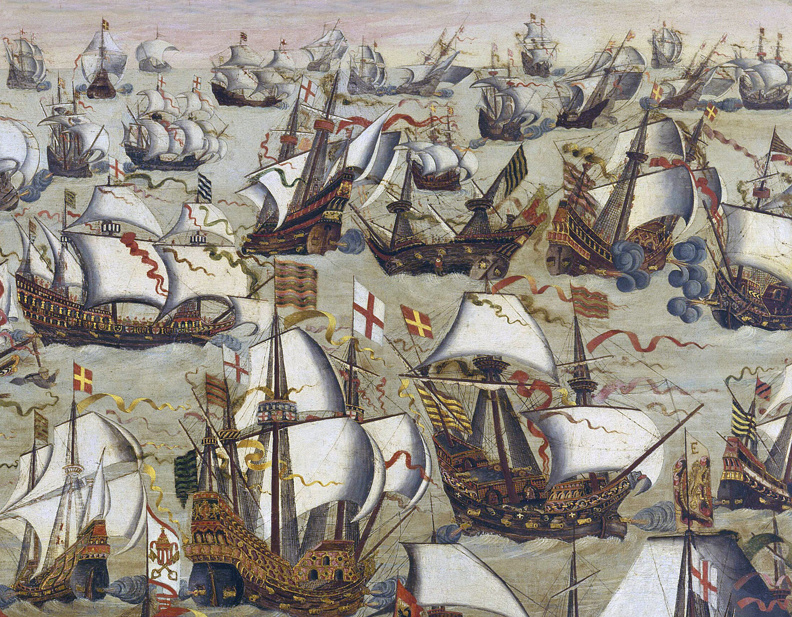 Sjöslag med många segelfartyg.