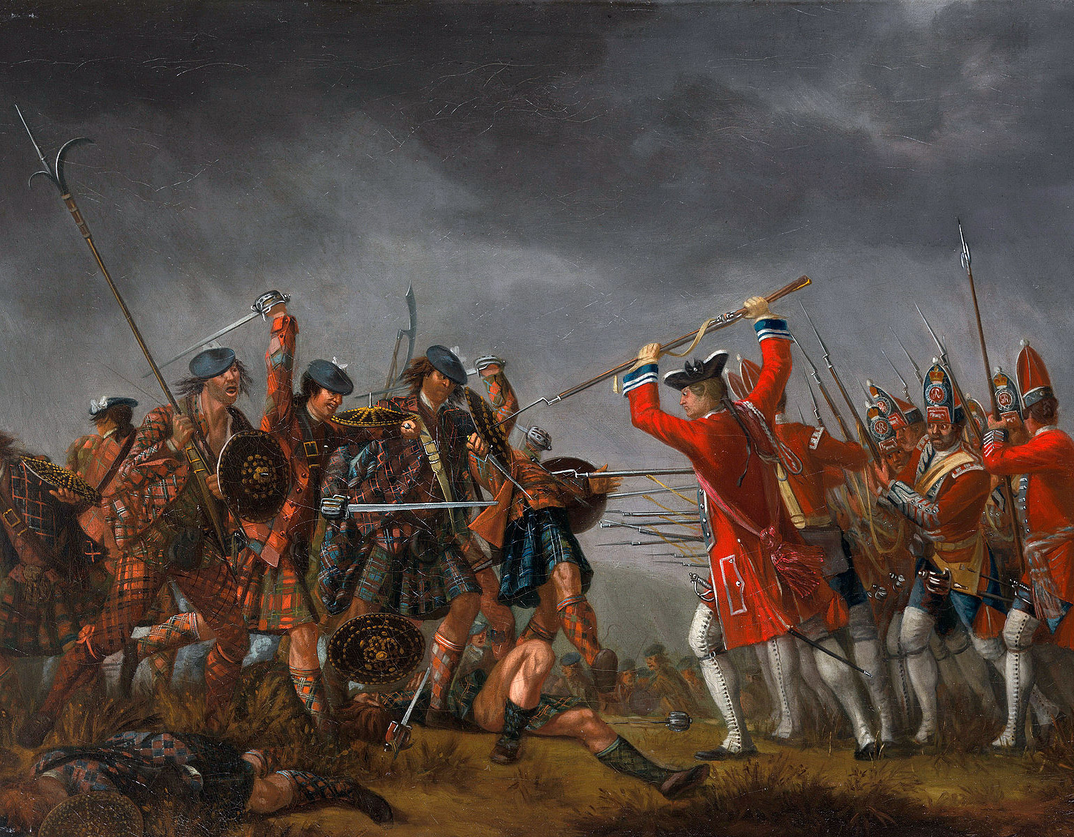 Trupper i strid på ett fält.