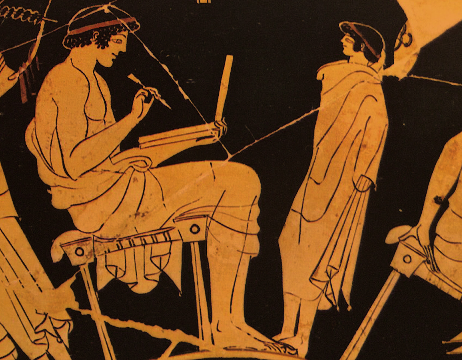 Vasmålning som föreställer en sittande lärare med en caxtavla och penna, medan en elev står bredvid.