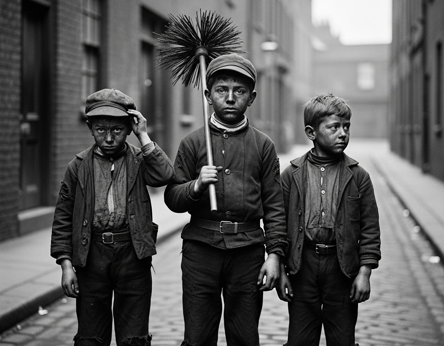 Tre sotarpojkar på en gata i London.