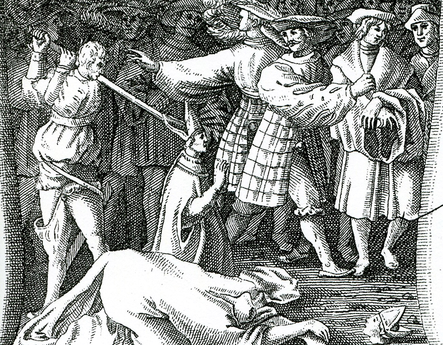 Man med svärd som halshugger en biskop inför en folkmassa.