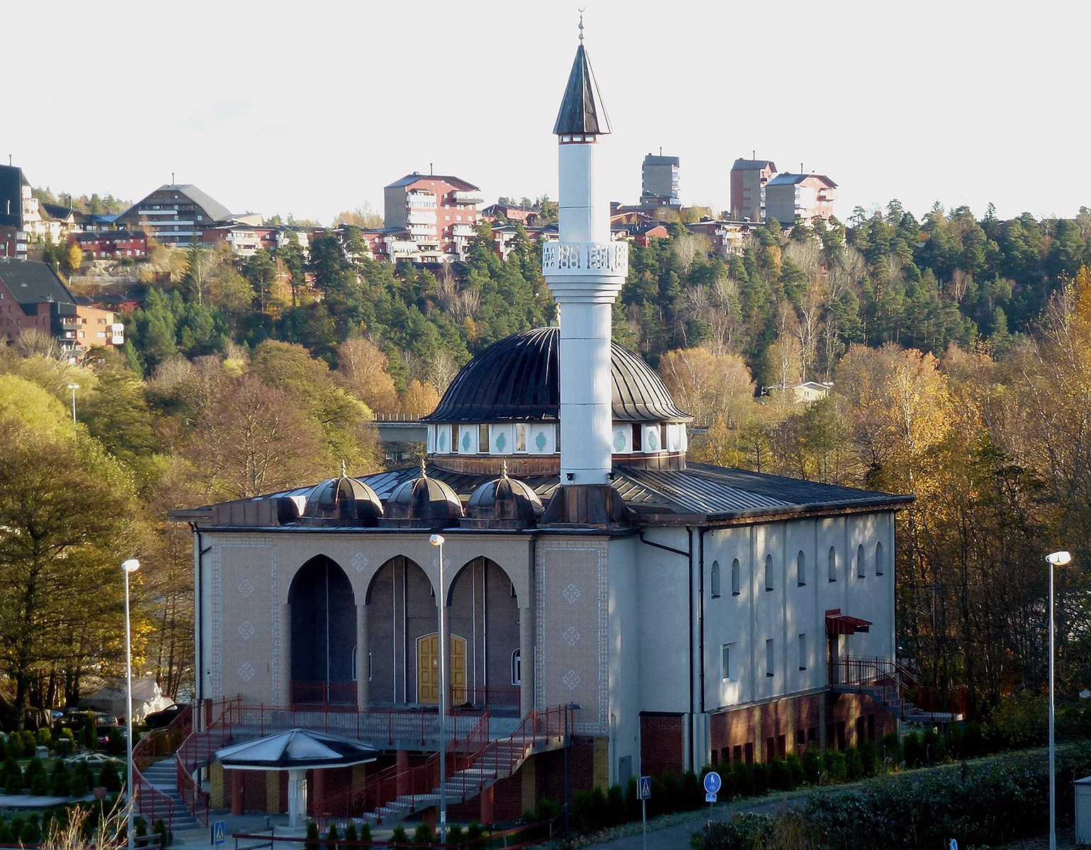 Vy mot en moské med skog och höghus i bakgrunden.