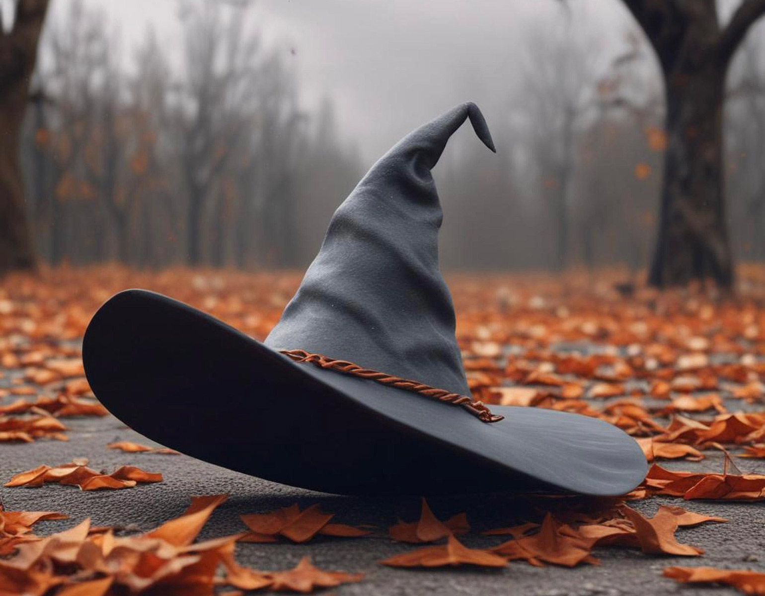 Häxhatt som ligger på en höstig väg med oranga löv.