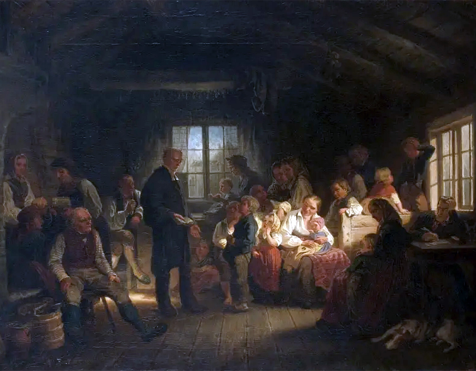 En präst med en liten bok i ett rum fullt av bybor.