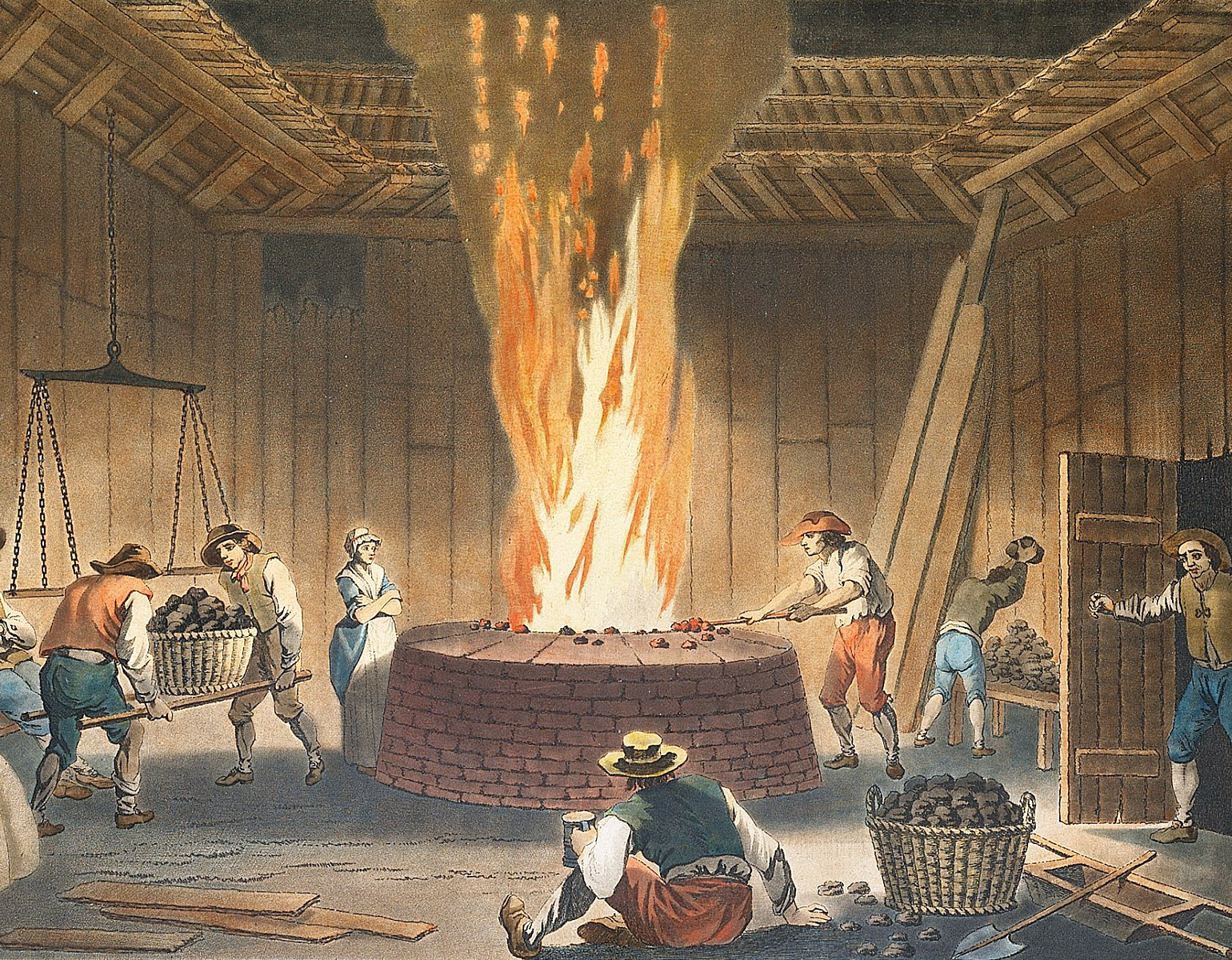 Interiör från ett järnverk i början av 1700-talet.