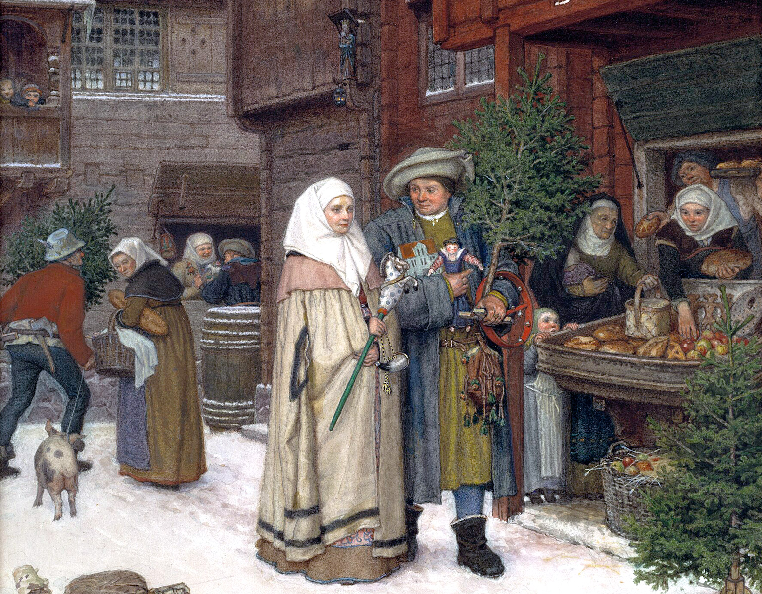 Julmarknad på en snötäckt medeltida gata.