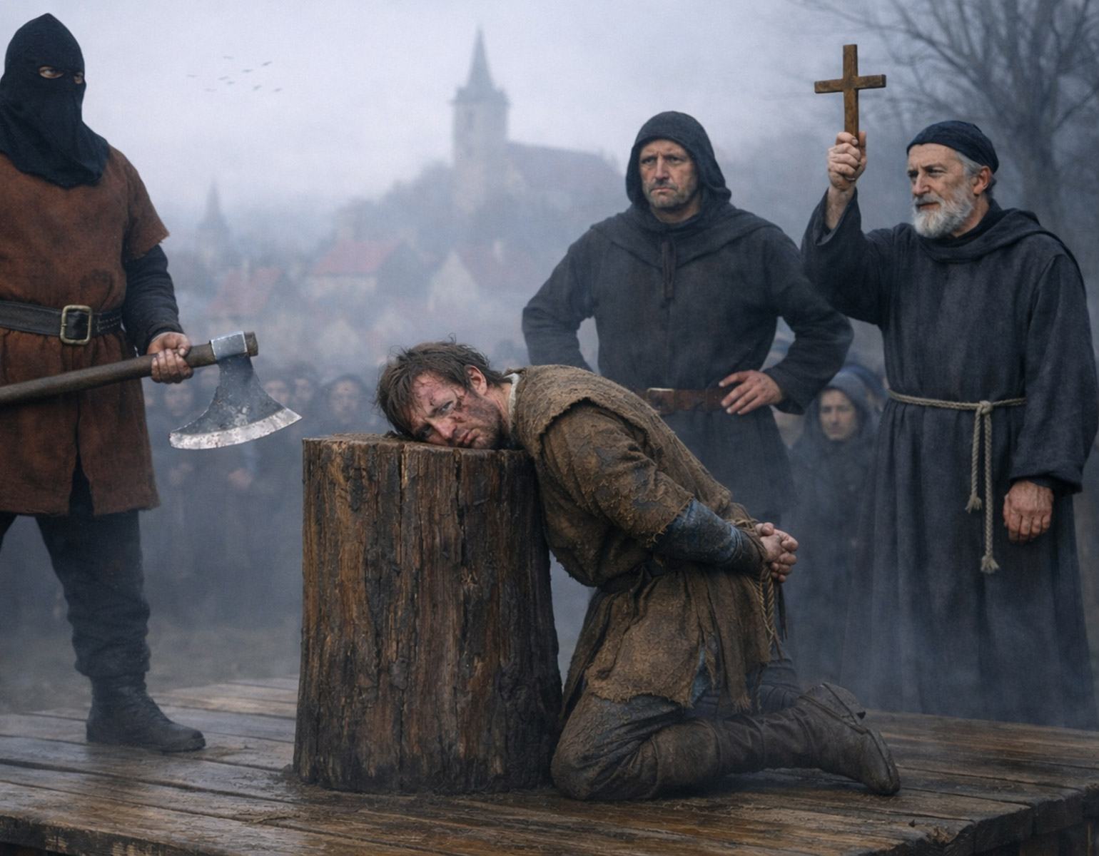 En man som ska halshuggas inför publik. 