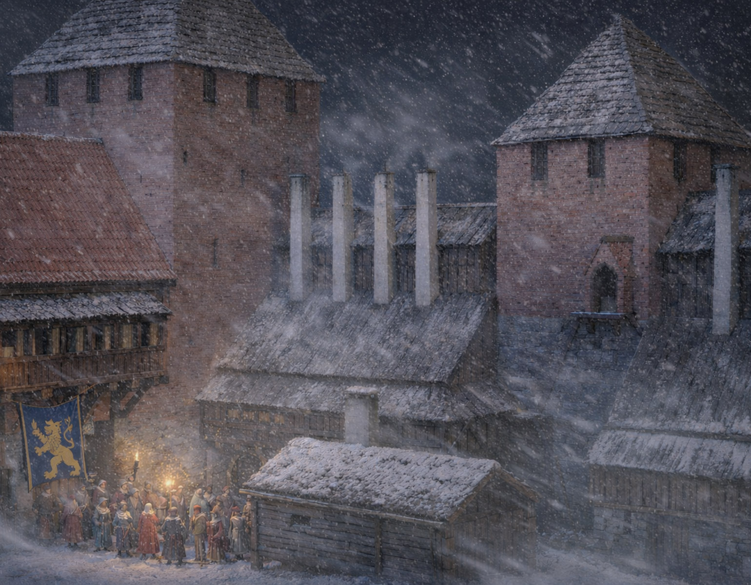Kungen tar emot gäster på borggården. Det snöar och mörkt ute.