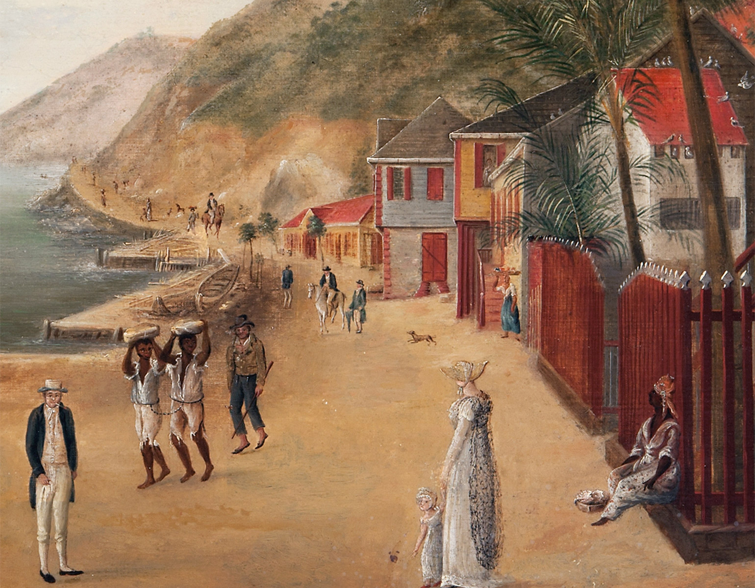 Hammotiv från Gustavia på S:t Barthelemy. Till höger hus omgivna av röda staket, till vänster hamnen med segelfartyg, på kajen flera människor. Centralt i bild ses två slavar med fotbojor. Bakom dem en man med käpp. I fonden ett fort på en höjd med svensk flagga. Smal kälad ram av brunt trä.