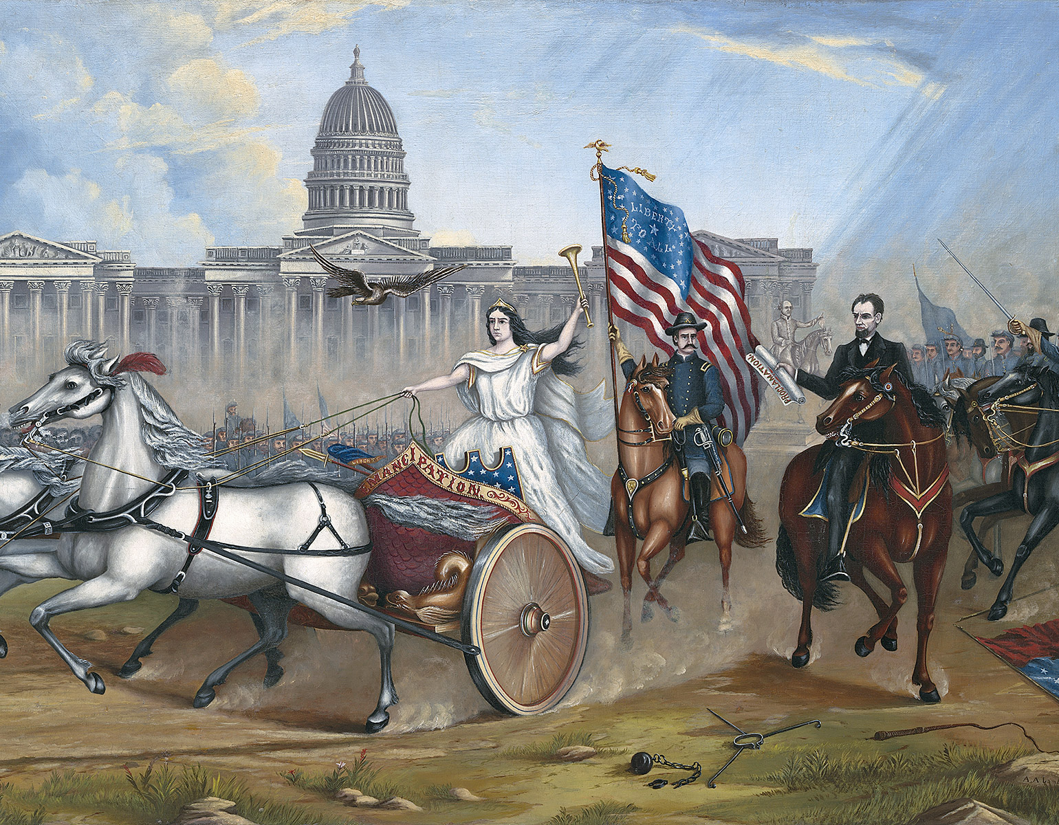 Frihetsgudinna som åker i ett tvåspann hållandes den amerikanska flaggan. I bakgrunden syns kongressen, Lincoln ridder på en häst intill.