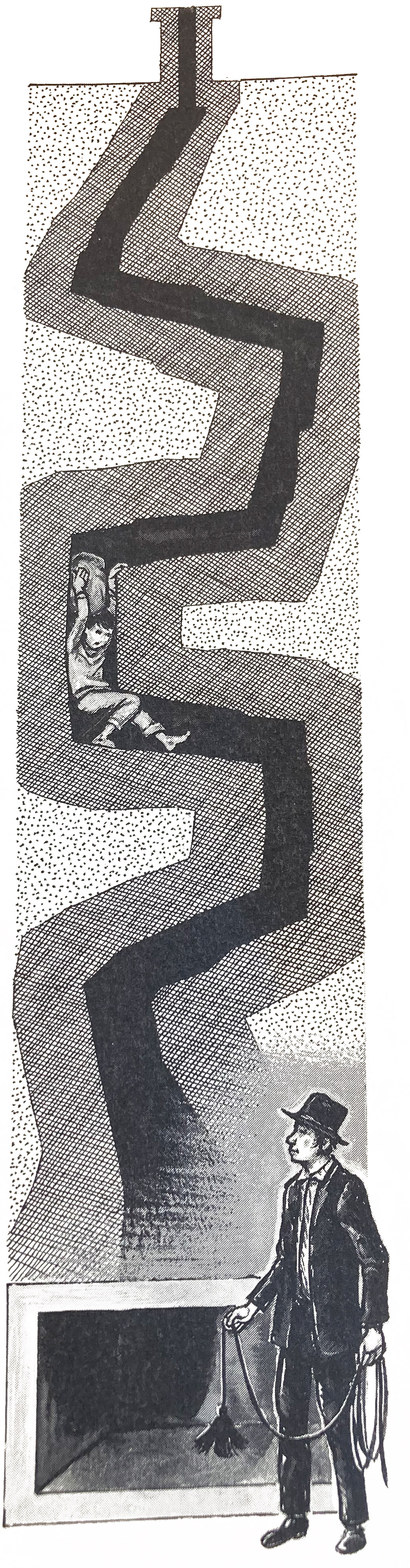 En liten sotarpojke som kämpar sig fram i en trång skorsten.