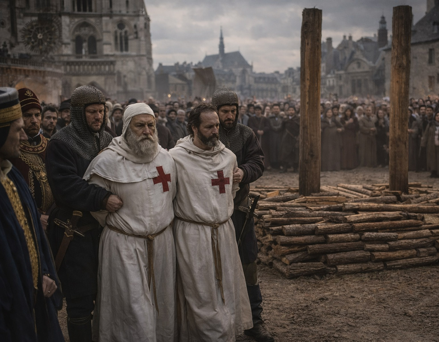 Tempelherreordens siste stormästare Jacques av Molay och hans närmste man Godefroid av Charney förs fram av två vakter till det väntande bålet.