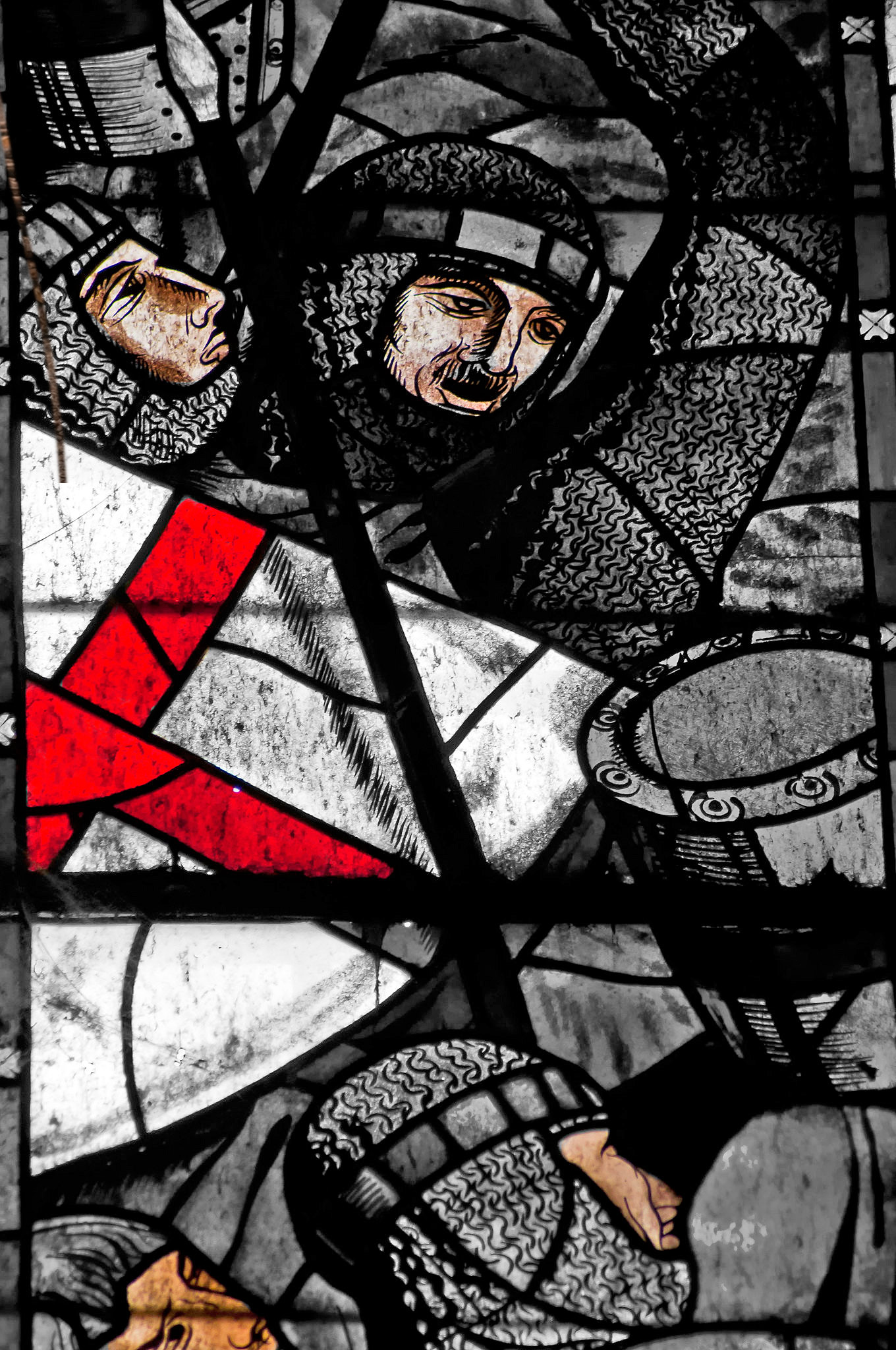 Avbildade (på ett blyinfattat fönster) tempelriddare i strid .