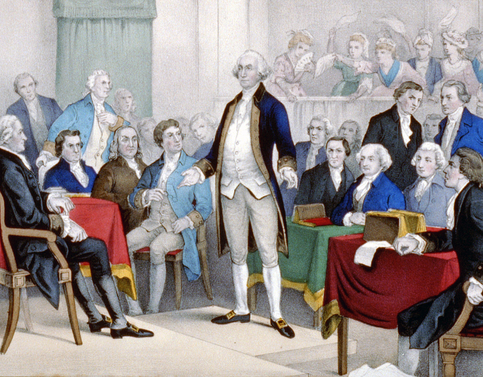 George Washington atår i en sal omgiven av ett sällskap herrar.