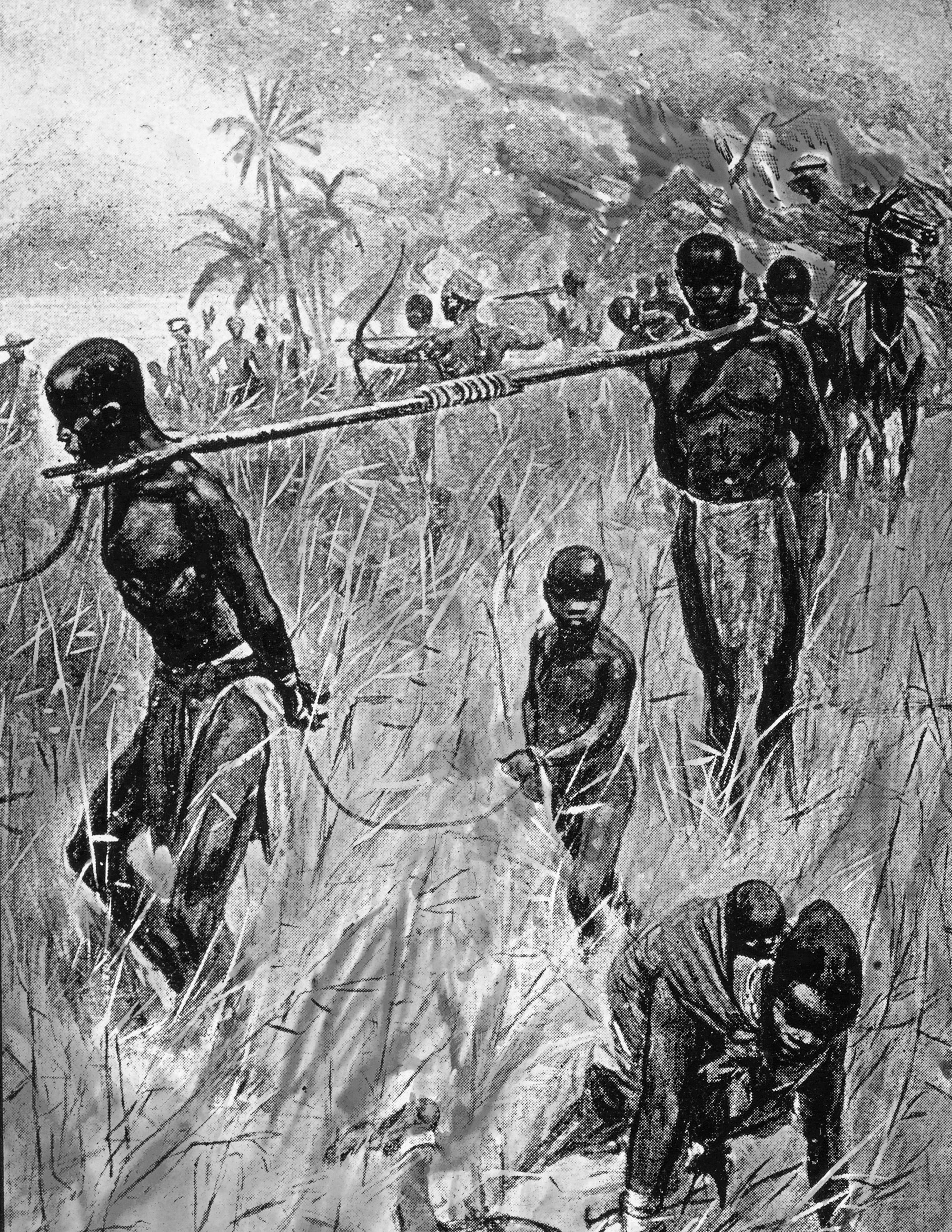 Slavar som förs i fångenskap från en eldhärjad by.