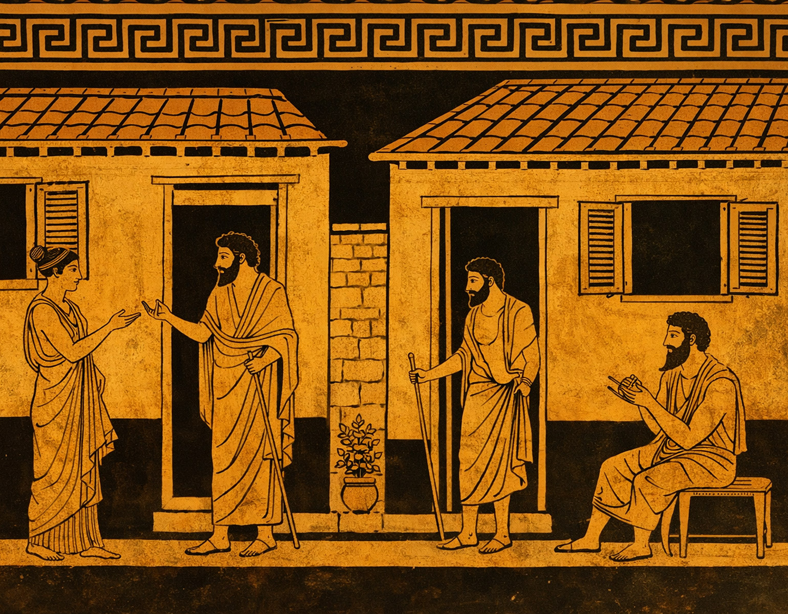 Målning från en kruka som föreställer gatuliv i antikens Aten.