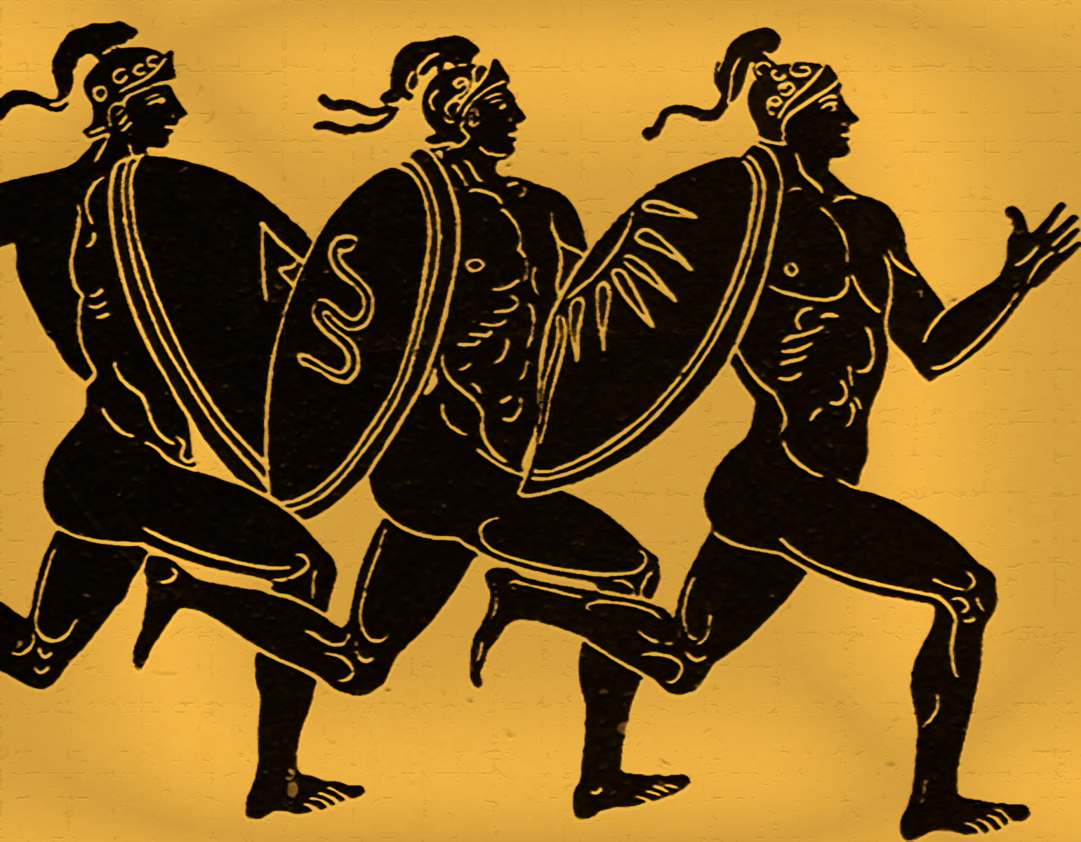 Tre nakna män med hjälp och sköld som springer ett lopp.