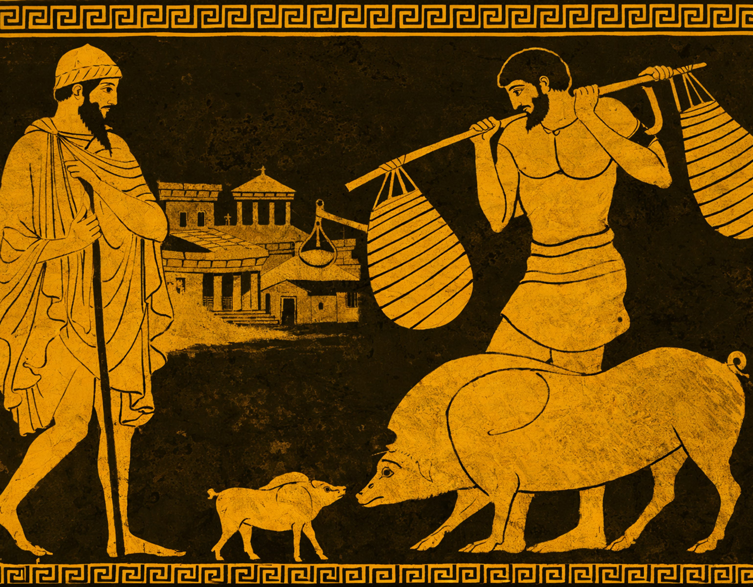 En slav och hans herre på väg till marknaden i Aten.