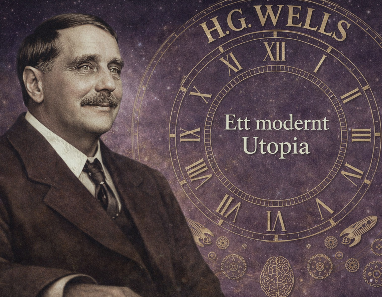 Författaren med ett bokomslag i bakgrunden.