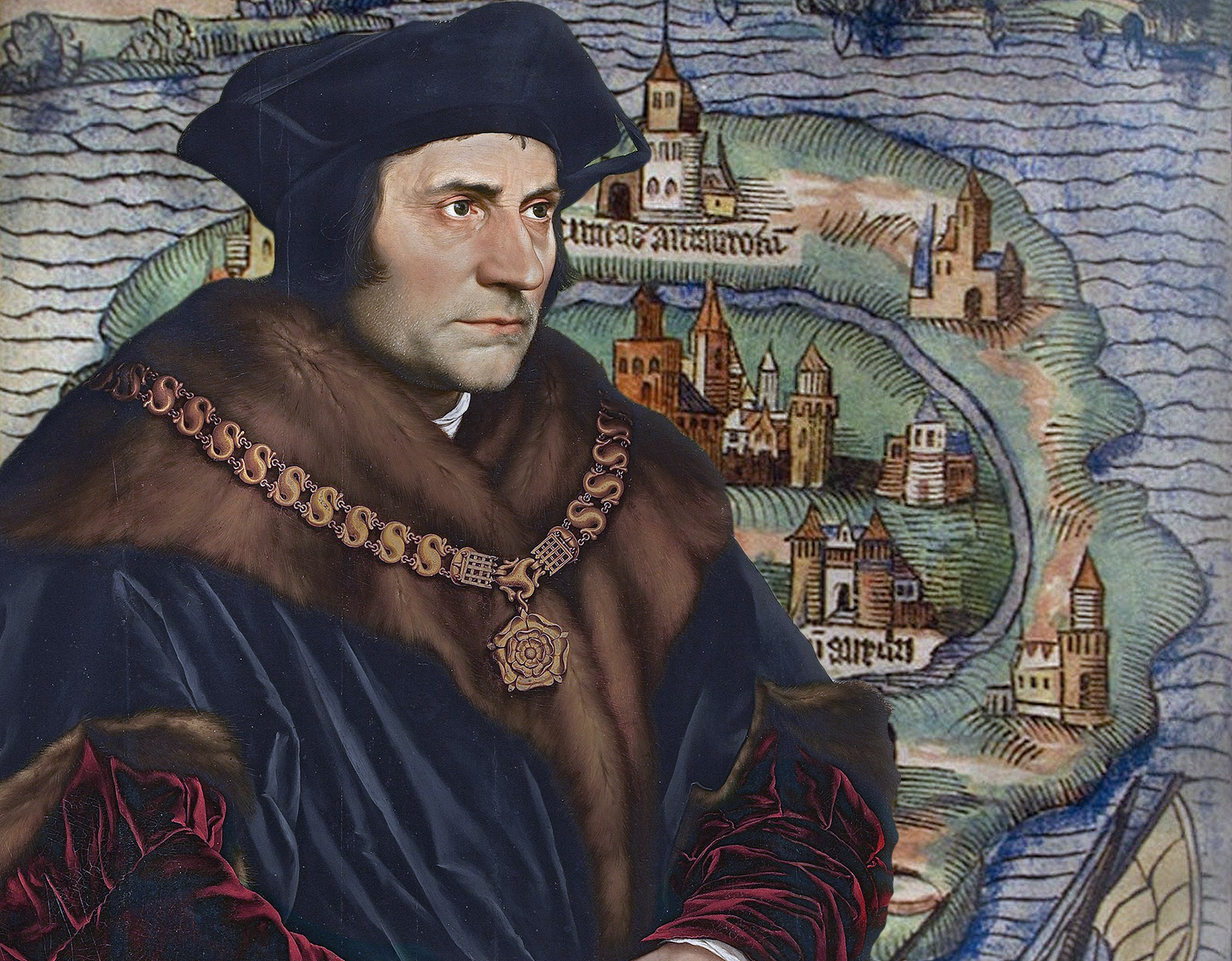 Thomas More framför en karta på Utopia.