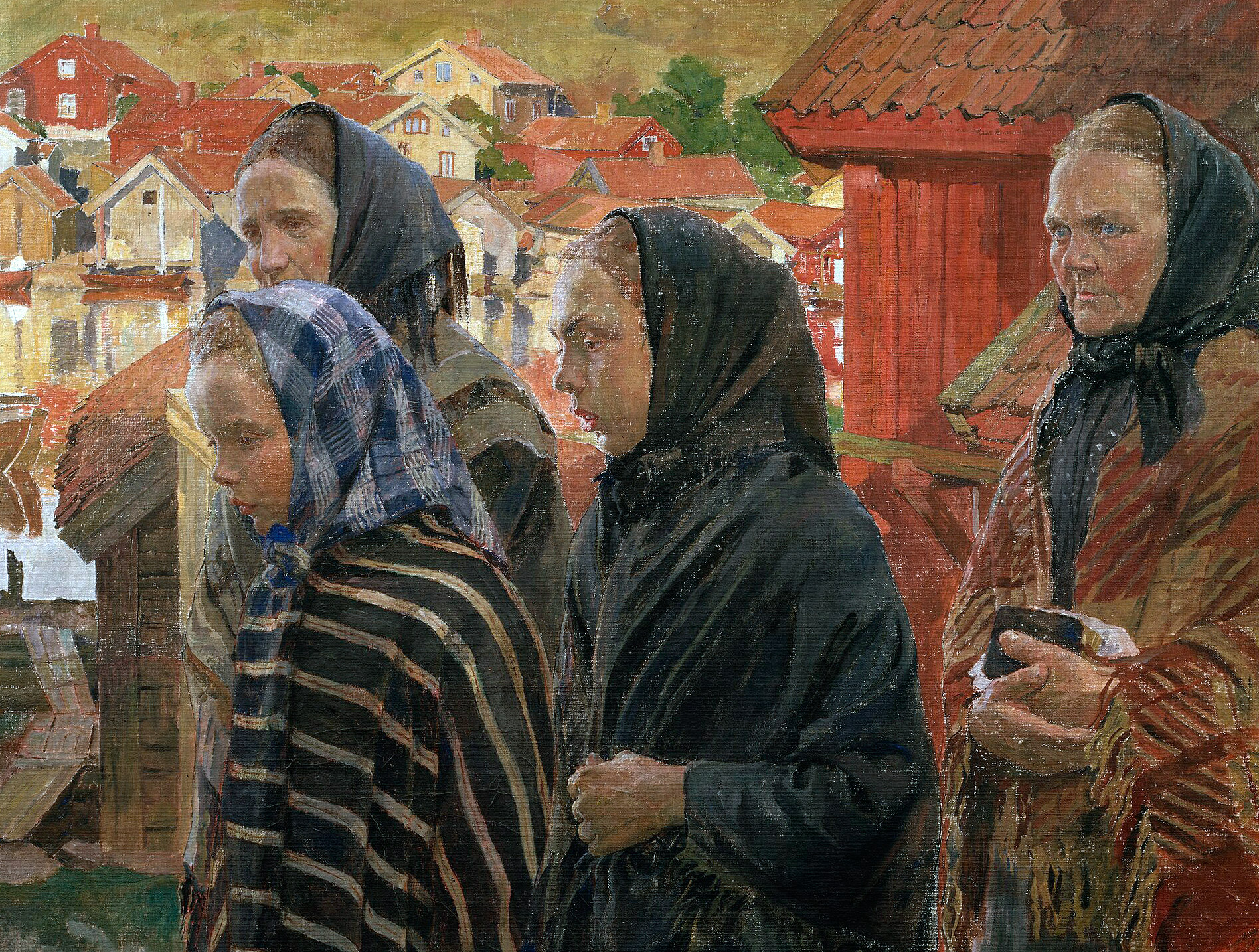 Fyra kvinnor på väg till kyrkan.