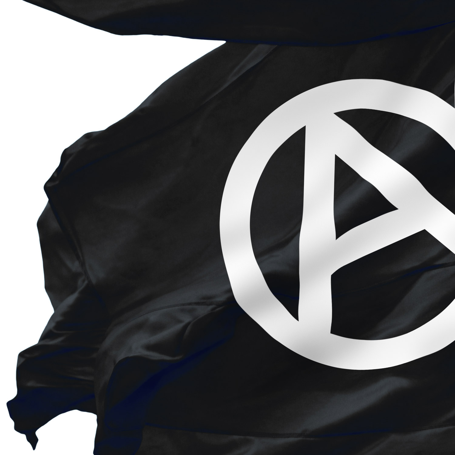 Svart flagga med anarkismens symbil i mitten.