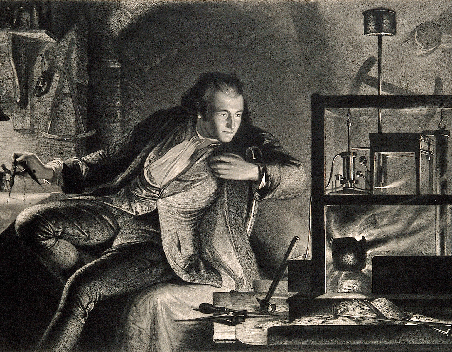 James Watt studerar ett experiment med ånga.